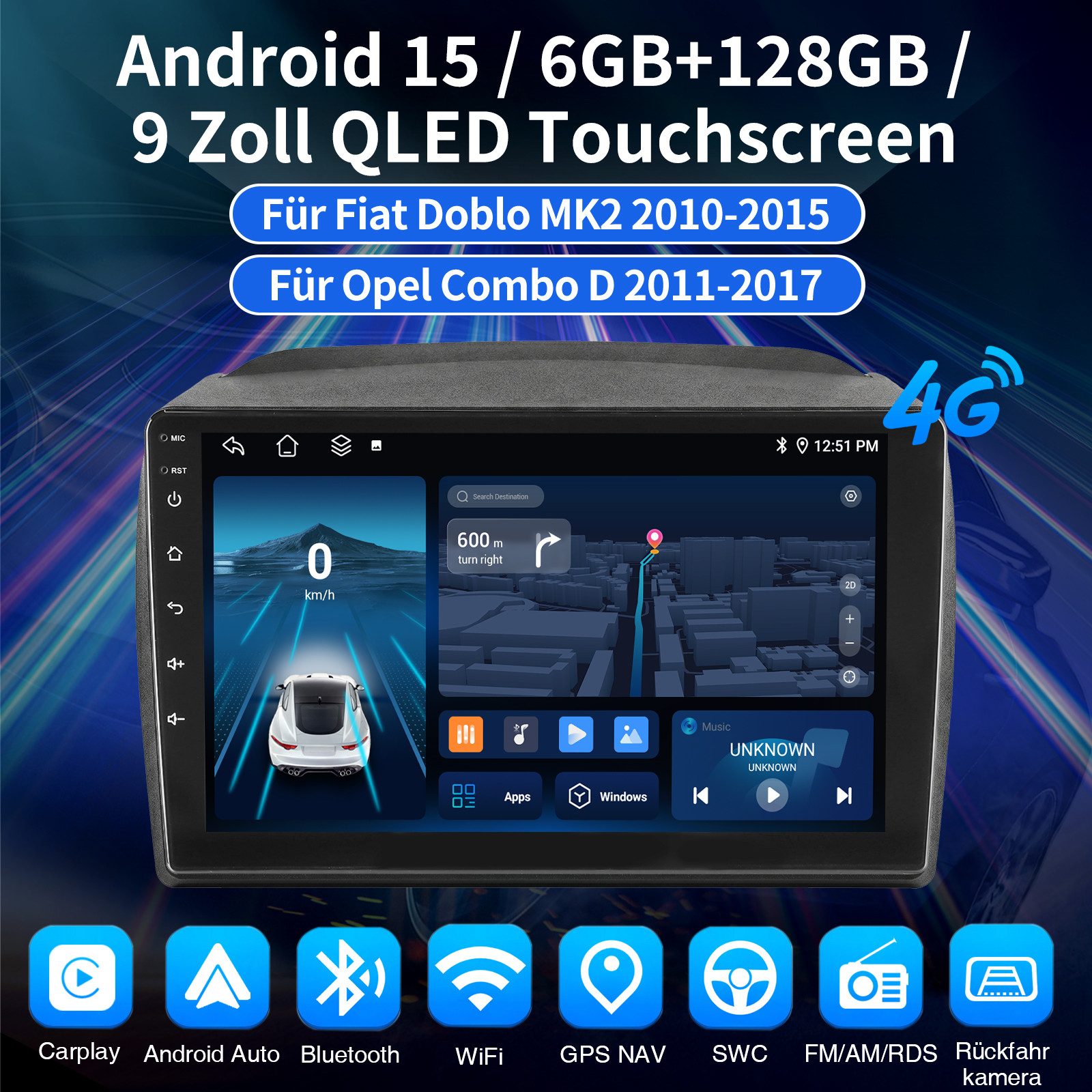 ESSGOO 8 Core Carplay Android 15 AutoRadio 4G für Fiat Doblo MK2/Opel Combo D Autoradio (6GB+128GB, RDS, 4G LTE, FM, DAB+ (optional), SWC, Carplay Android Auto Bluetooth EQ USB GPS Navi WIFI Touchscreen)