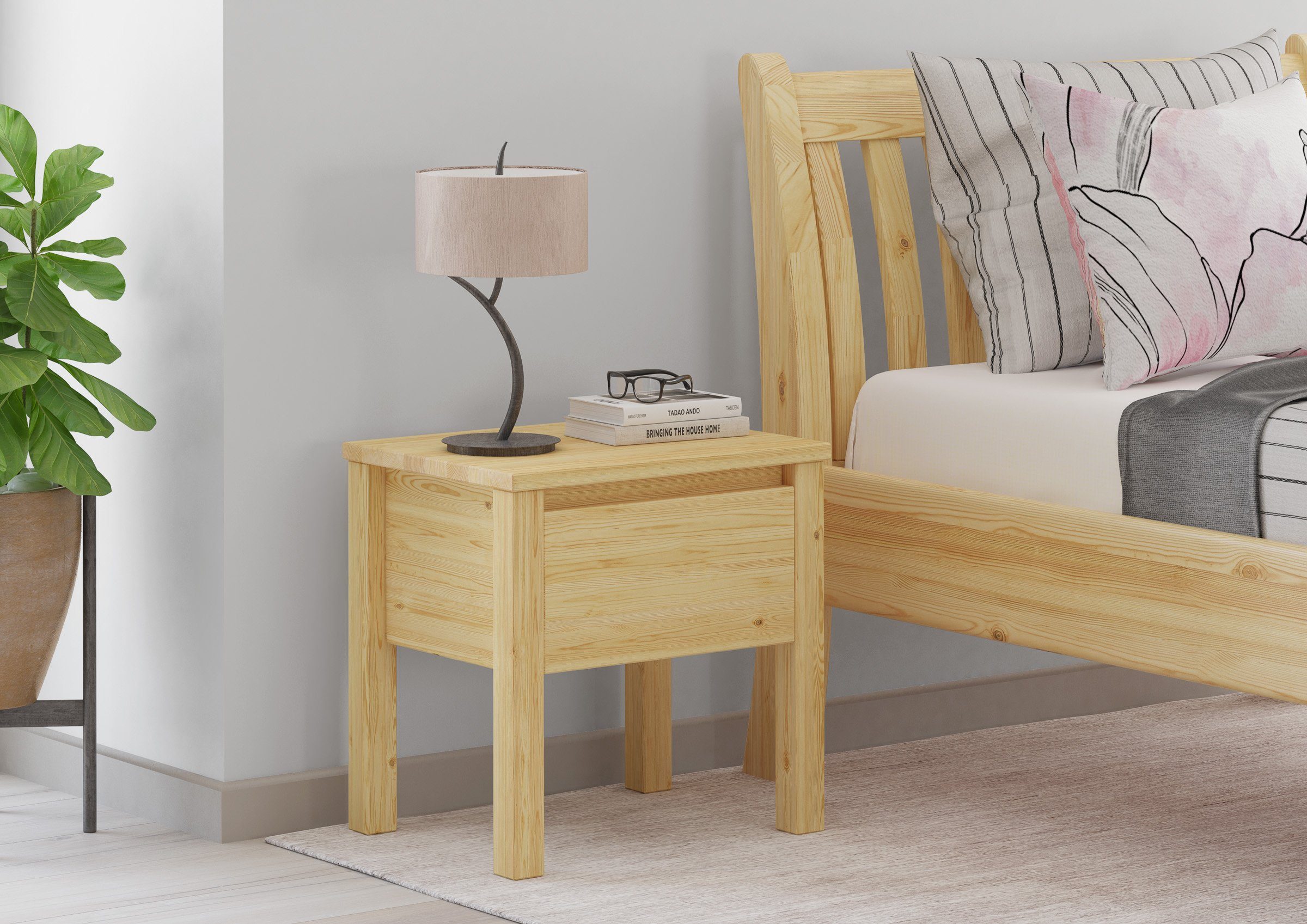 ERST-HOLZ Nachtkommode Nachttisch Kiefer Massiv Bettkommode Nachtschrank mit Schublade, 90.20-K14 - Nachttisch Kiefer farblos lackiert-eine Schublade
