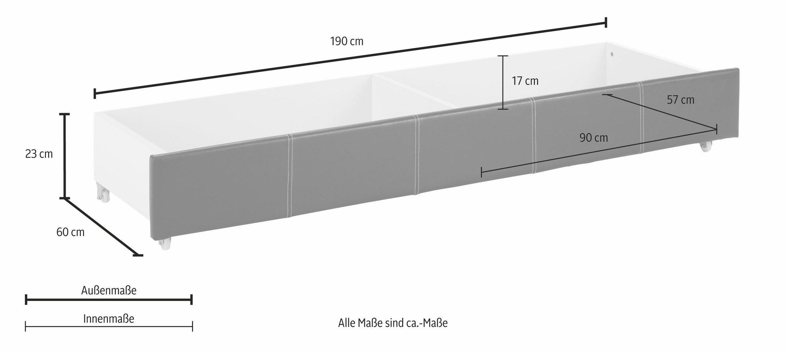loft24 Bettschubkasten Margit (1 St), zwei Innenfächern, Schubladenfront mit Kunstleder Bezug, Breite 190 cm