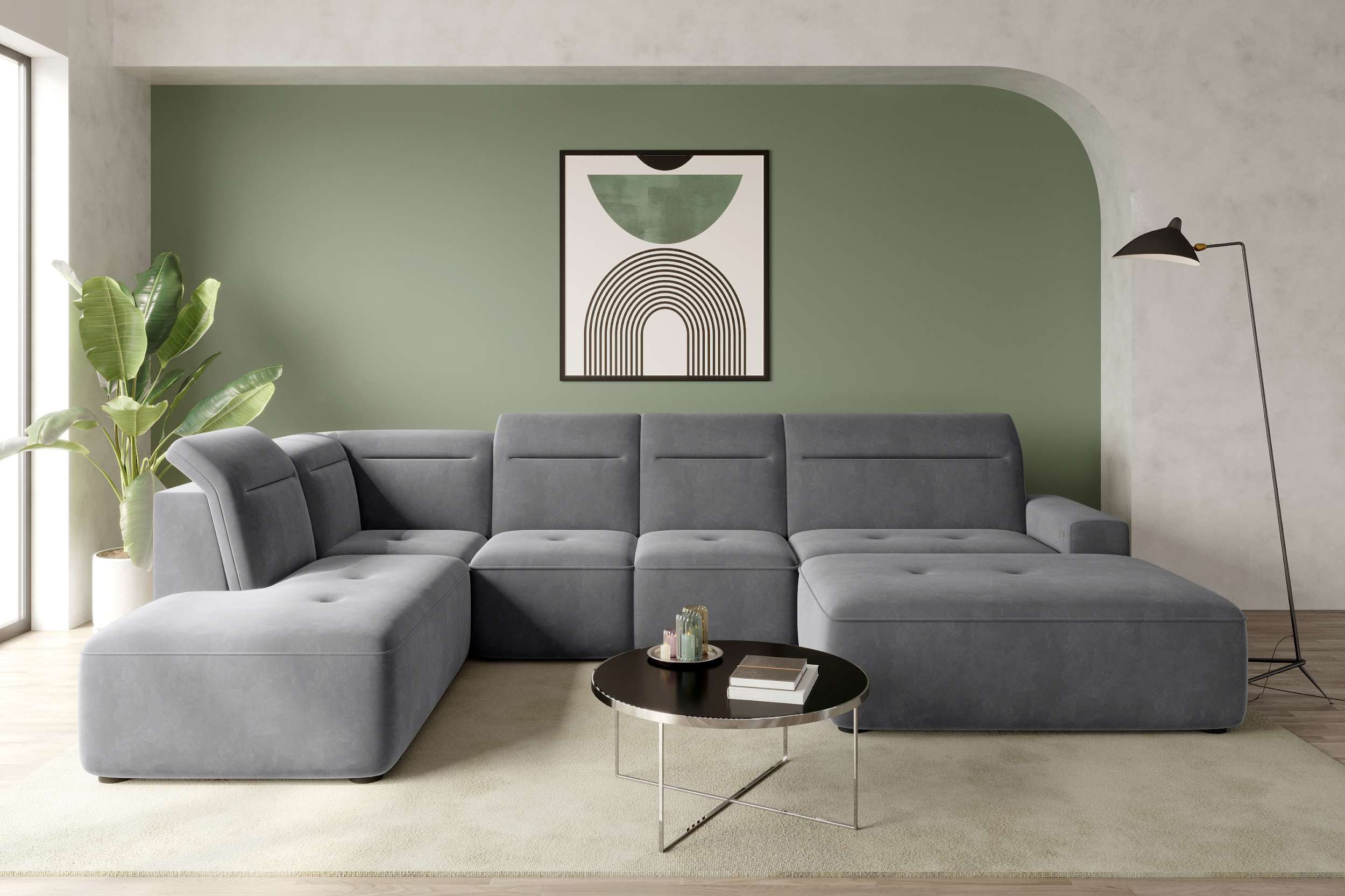 99rooms Wohnlandschaft Elvaro, Sofa, U-Form, Bezug aus Velours PALLADIUM, mit elektrischer Sitztiefenverstellung