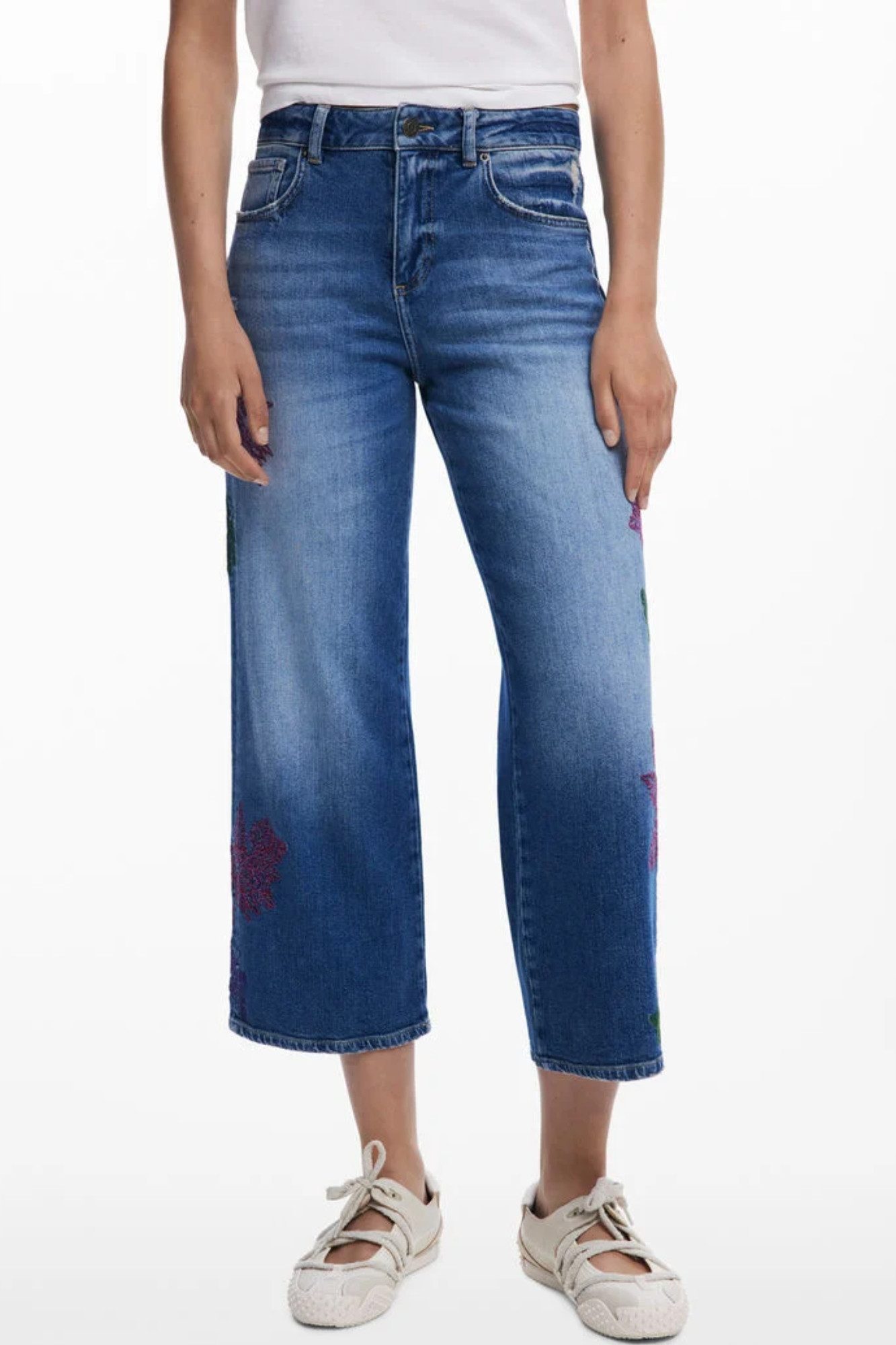 Desigual 5-Pocket-Jeans Trendige Damen-Jeans Blau mit Stickerei und botanischem Muster