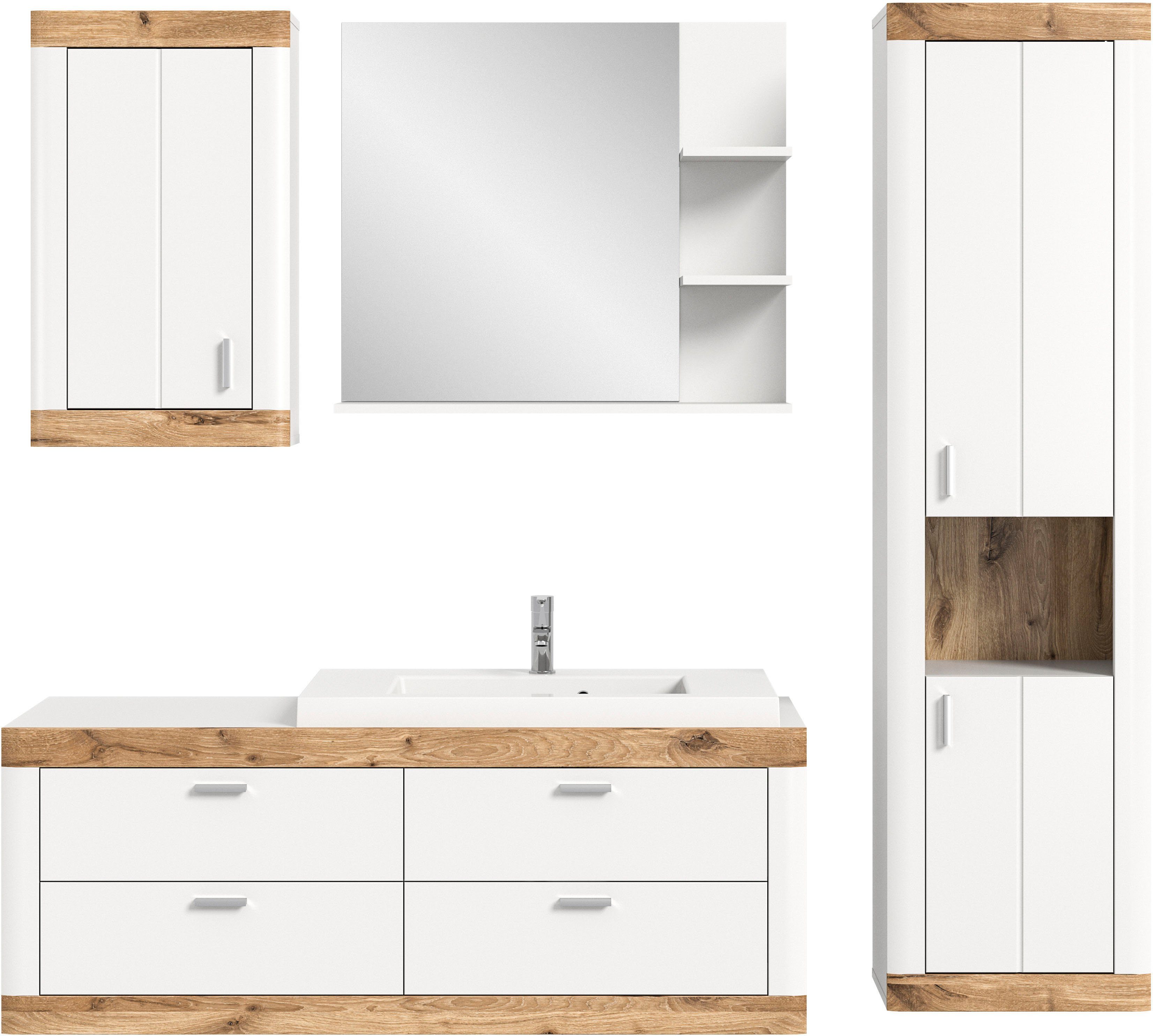 Home affaire Badmöbel-Set Landsby, 4 teilig, inklusive Mineralguss-Waschbecken, bestehend aus:, (Set, 4-St), Waschtisch inkl. Waschbecken, Hängeschrank, Badspiegel, Hochschrank