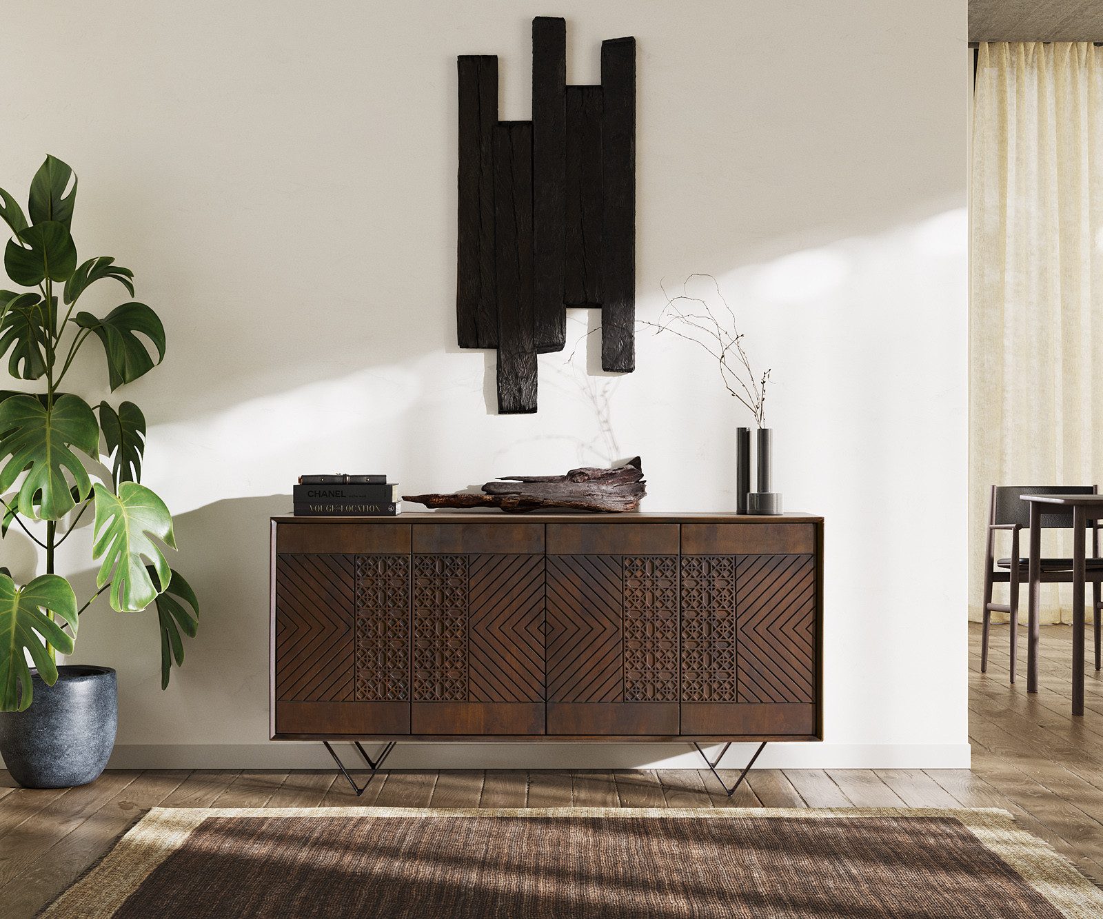 DELIFE Sideboard Manjula, Mango Braun 145 cm 4 Türen V-Fuß Metall Schwarz Sideboard