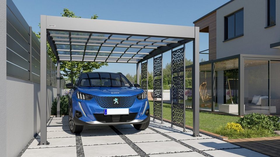 Trigano Einzelcarport Carport Libeccio Metall freistehend 16.60m2, 2,10 cm  Einfahrtshöhe, robuste Konstruktion mit 8 dekorativen Paneelen, Doppeldach