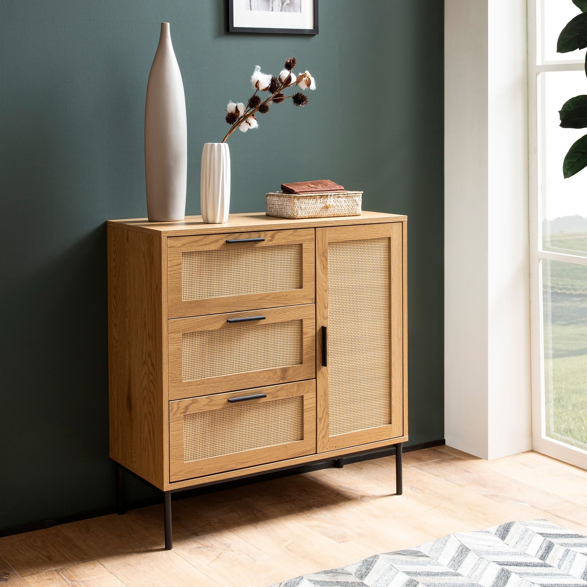 furnicato Sideboard Kommode mit Geflecht 80x82x36 cm Braun (1 St), Sideboard mit Geflechtfronten, Ablagefläche und Stauraum für Küche