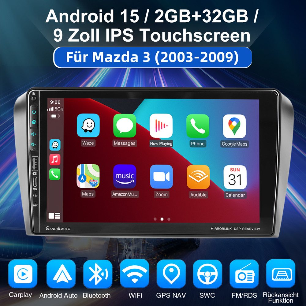 ESSGOO 9 Zoll Für Mazda 3 2004-2009 Type-C Android 15 Autoradio (Digitalradio (DAB), RDS, FM, AM, 4+64GB optional, Carplay Android Auto NAVI SWC EQ)