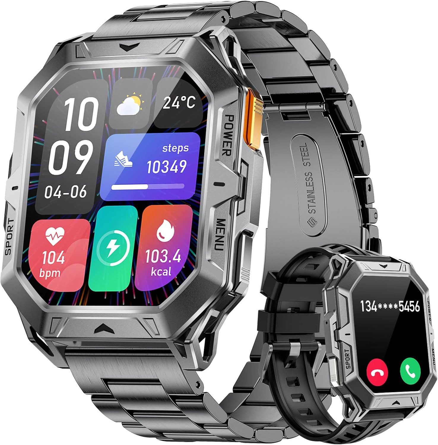 Lige TX1-G Smartwatch (5,4 cm, android ios), Taktische Herren-Smartwatch mit Militärdesign und 100+ Sportmodi