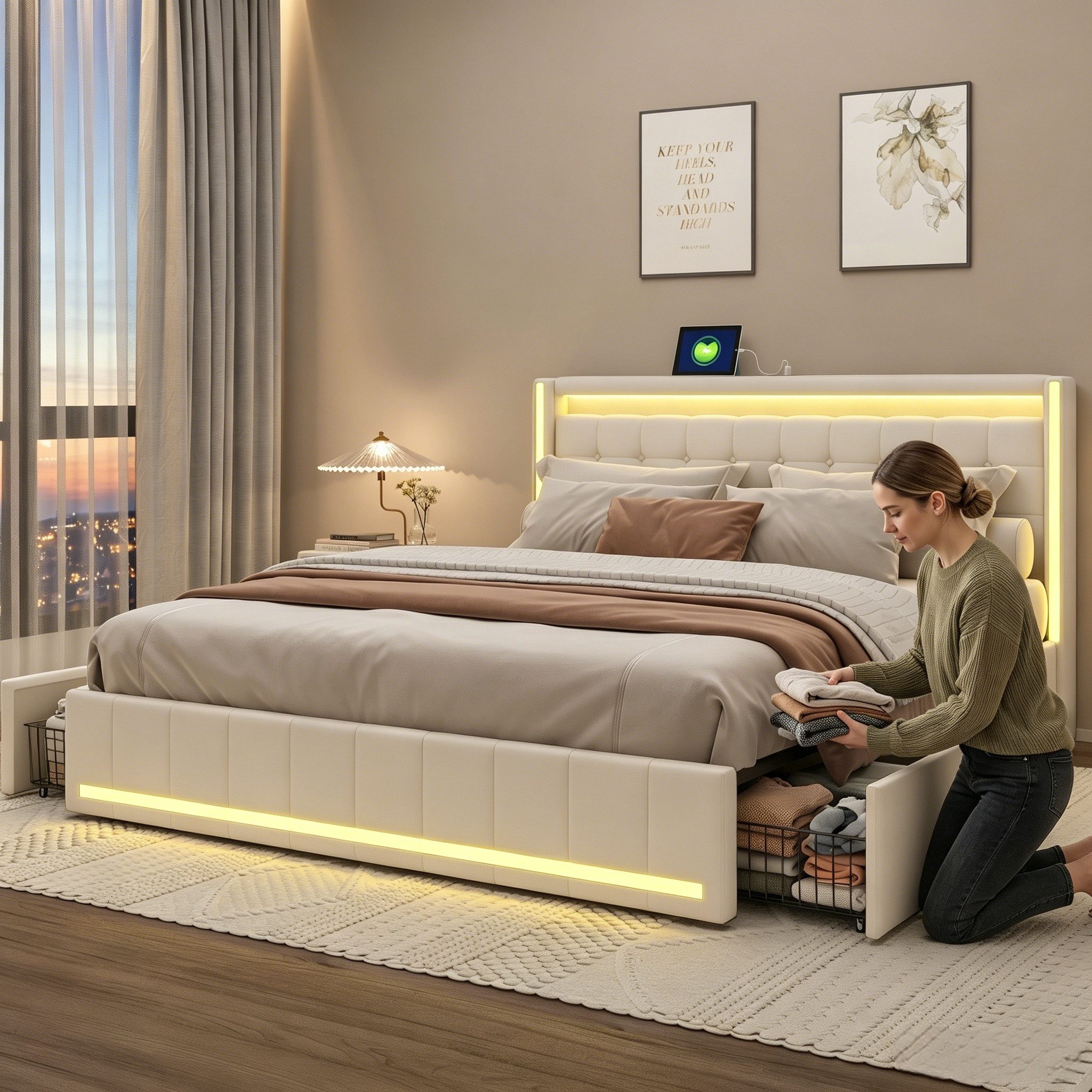 PXloue Polsterbett LED Doppelbett 140x200cm mit Ladefunktion und 4 Schubladen Polsterbett (Geeignet für Jugendliche und Erwachsene), Stauraumbett, mit RGB-LED,  – Bild 2 von 5