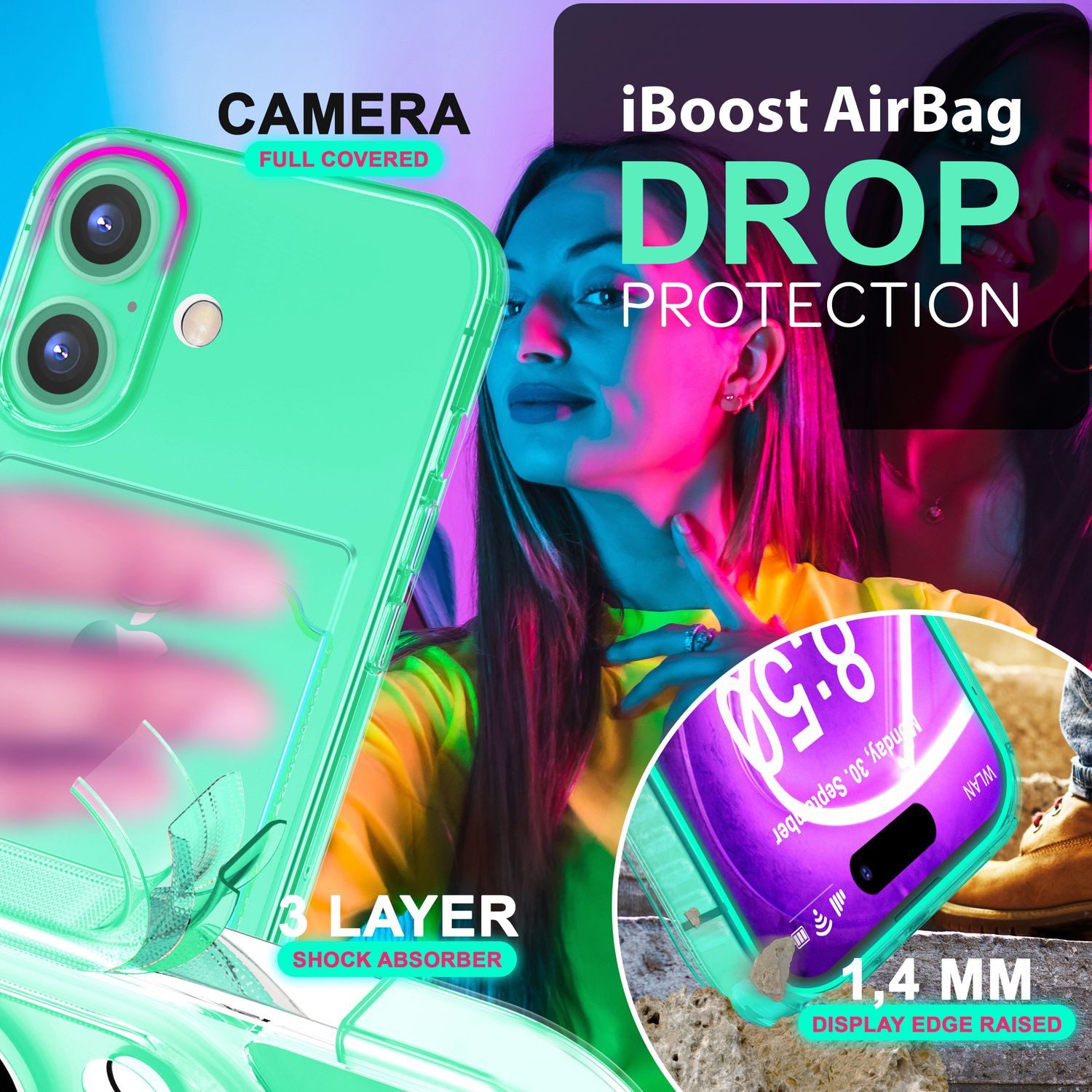 Nalia Smartphone-Hülle Apple iPhone 16 15,5 cm (6,1 Zoll), Klare Neon Silikon Hülle mit Kartenfach / Durchsichtig Bunt Leuchtend