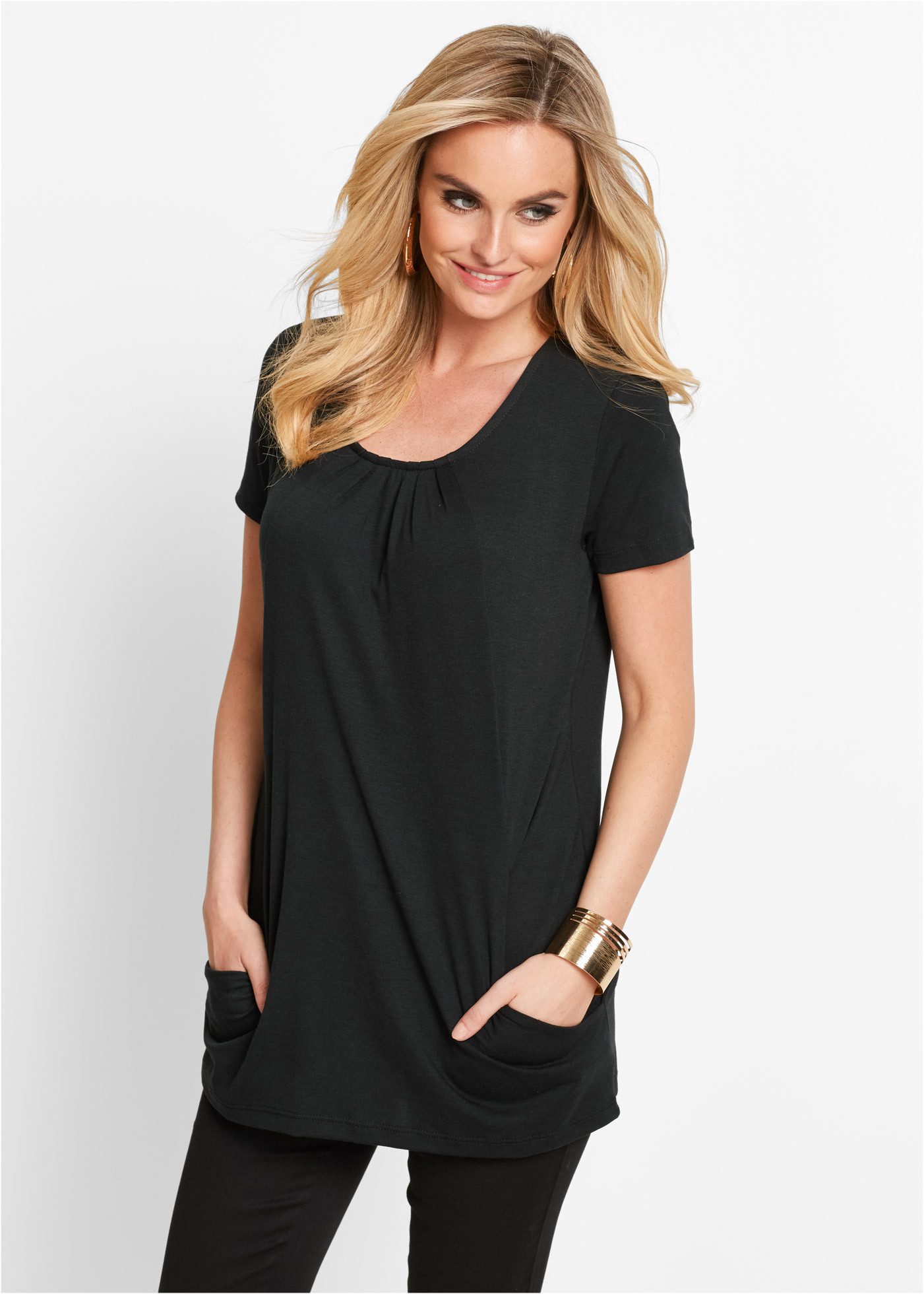 bonprix Longshirt figurumspielende Passform, Kurzarm, mit Eingriffstaschen günstig online kaufen