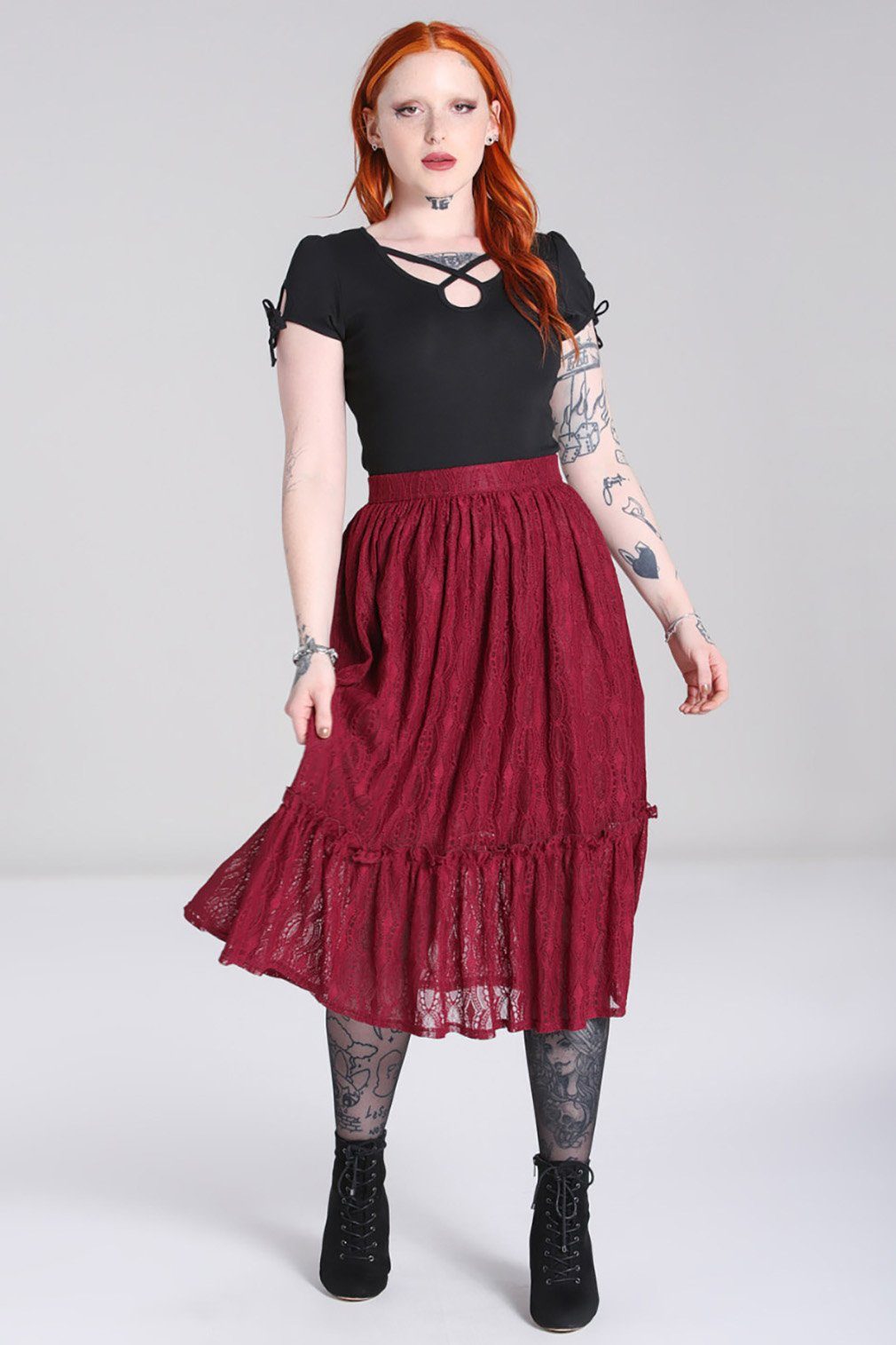 Hell Bunny Rüschenrock Rhea Rüschen Volantrock Burgunder Retro Vintage Skirt Spitze