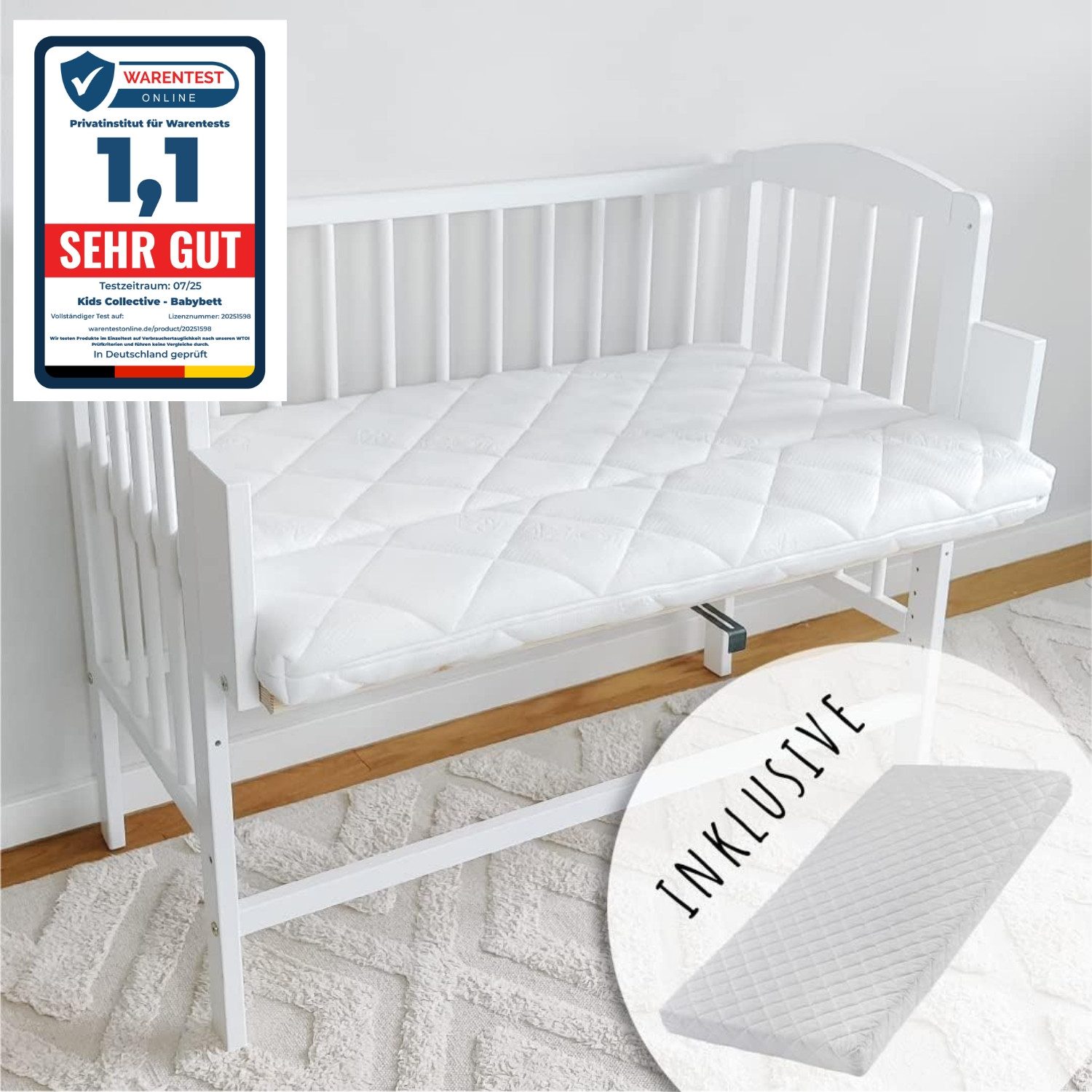 Kids Collective Beistellbett 90x40 cm mit Matratze, umbaubar zu 90x55 cm, 9 mal verstellbar, auch als Babywippe nutzbar, Kiefer-Vollholz in weiß