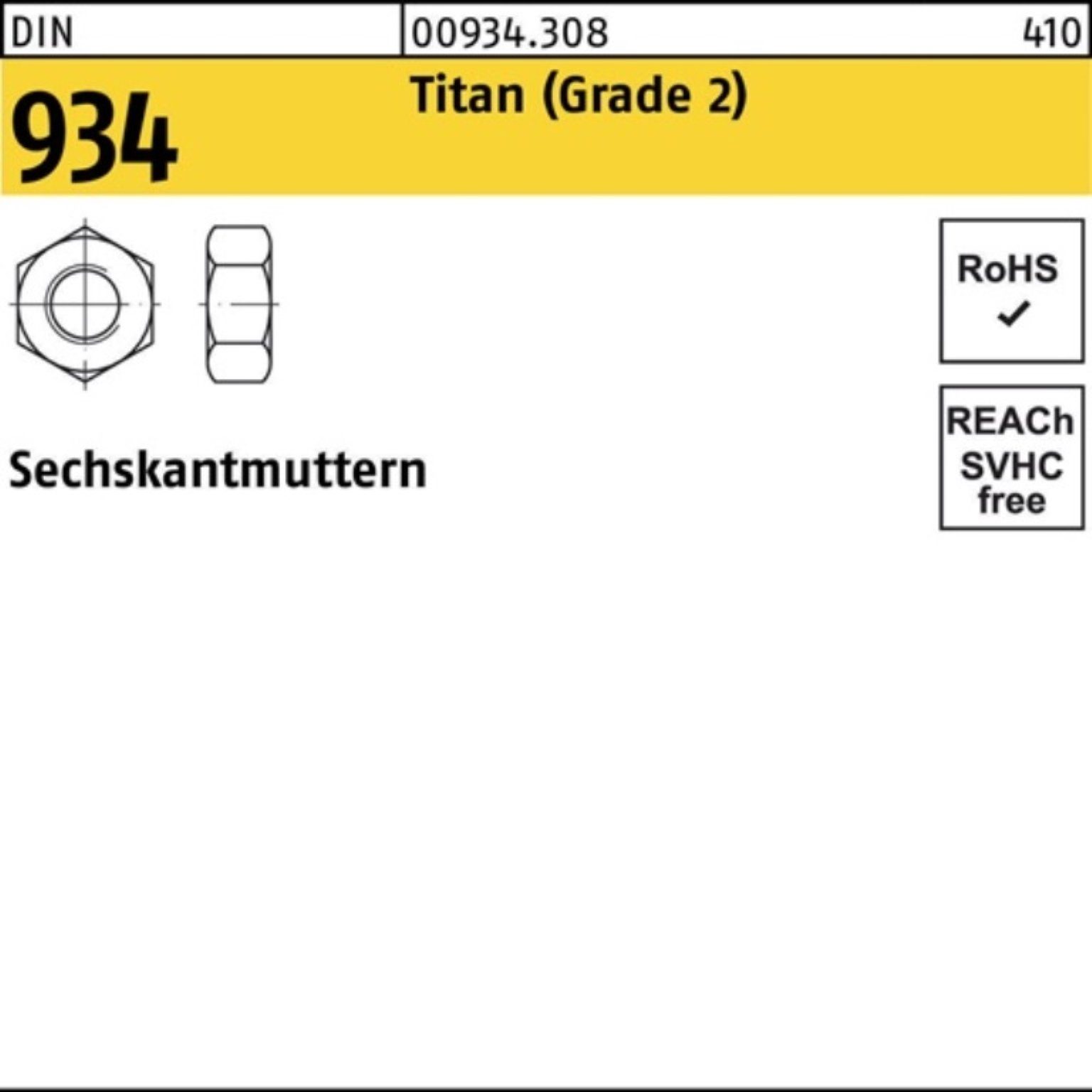 Sechskantmutter Titan 2) (Grade DIN Reyher 934 Pack DIN M8 50 Muttern 93 Stück 100er