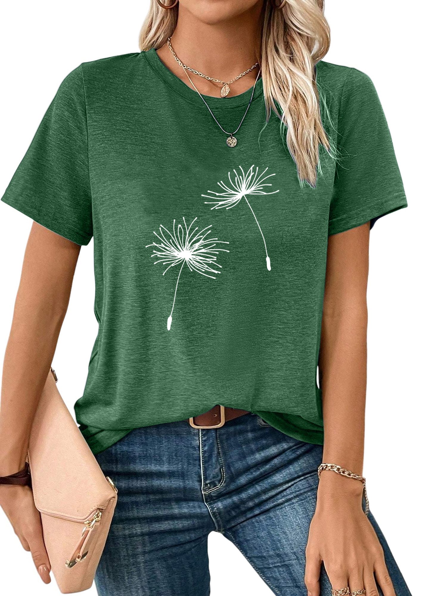 PYLIKE Kurzarmshirt Damen Sommer Casual bequemes t shirt mit Löwenzahn Print-Shirt Bequem für Freizeit und Büro,Strandurlaub