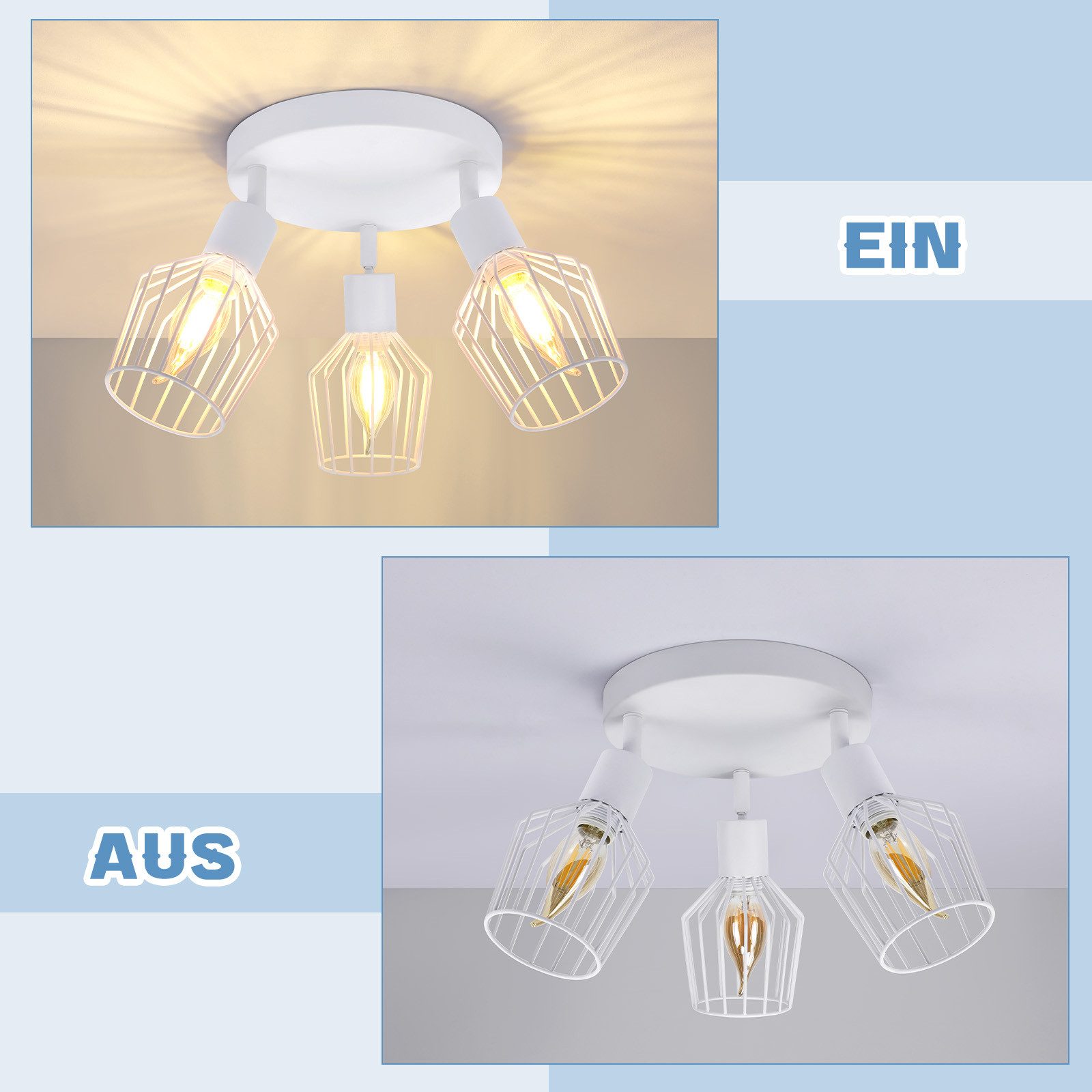 Glitzerlife Deckenspot 3 Flammig LED Deckenstrahler - Runde Deckenleuchte Strahler E14 Vintage Deckenspot Drehbar 350° Wand Lampe Für Badezimmer Flur Korridor_voghion.com