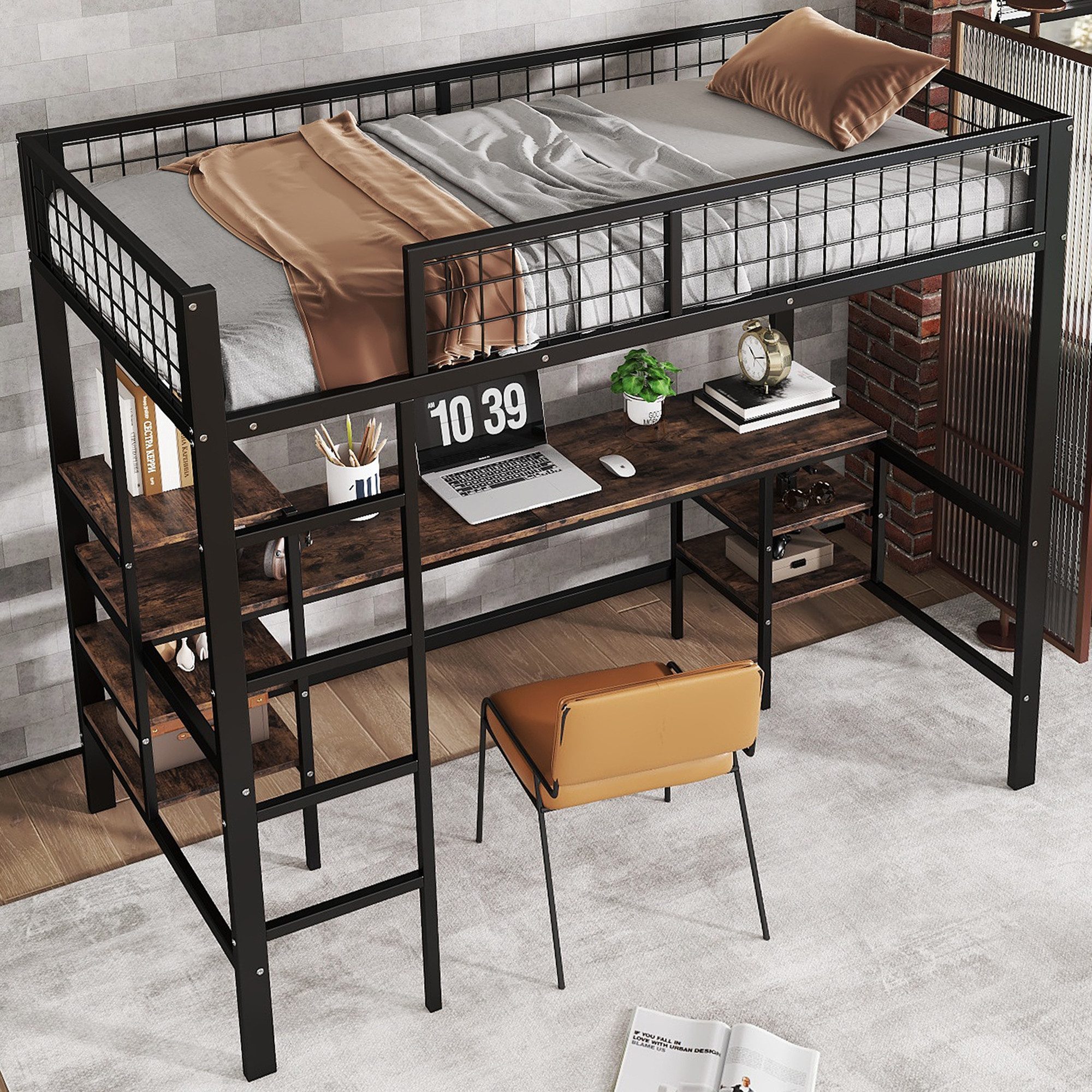 Merax Hochbett (1-St) Eisen Etagenbett 90x200cm mit Schreibtisch, Regal & 4 günstig online kaufen