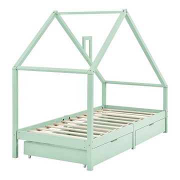 en.casa Kinderbett, »Assling« Hausbett 90x200cm mit 2 Schubkasten Jugendbett Mintgrün