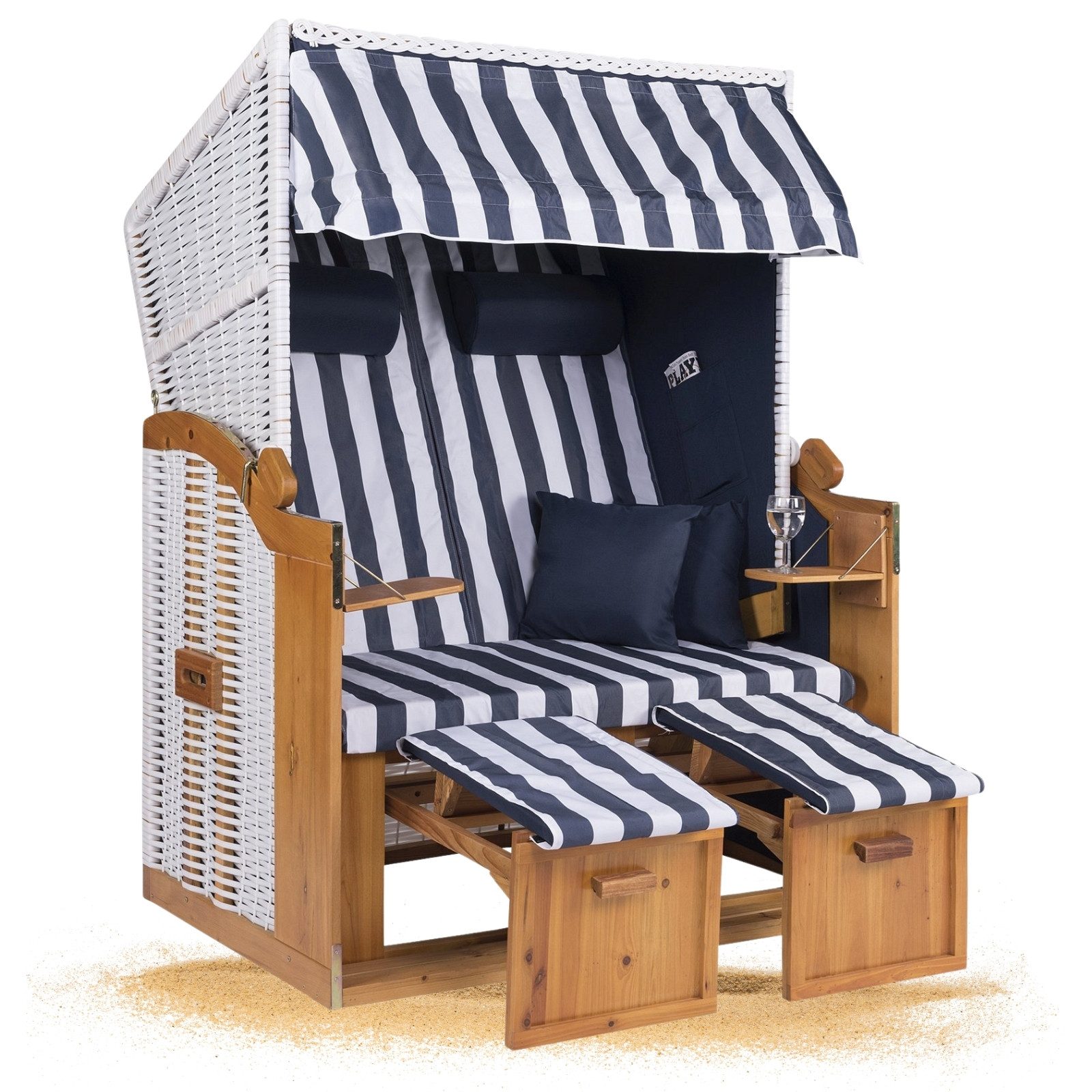 Strandkorb Hanse Strandkorb Strandkorb Ostsee 2 Sitzer blau weiß gestreift, BxTxH: 120x80x160 cm, Volllieger, Ostsee-Modell, (1-tlg), Stabiles Wacholder mit handgefertigtem Polyrattangeflecht