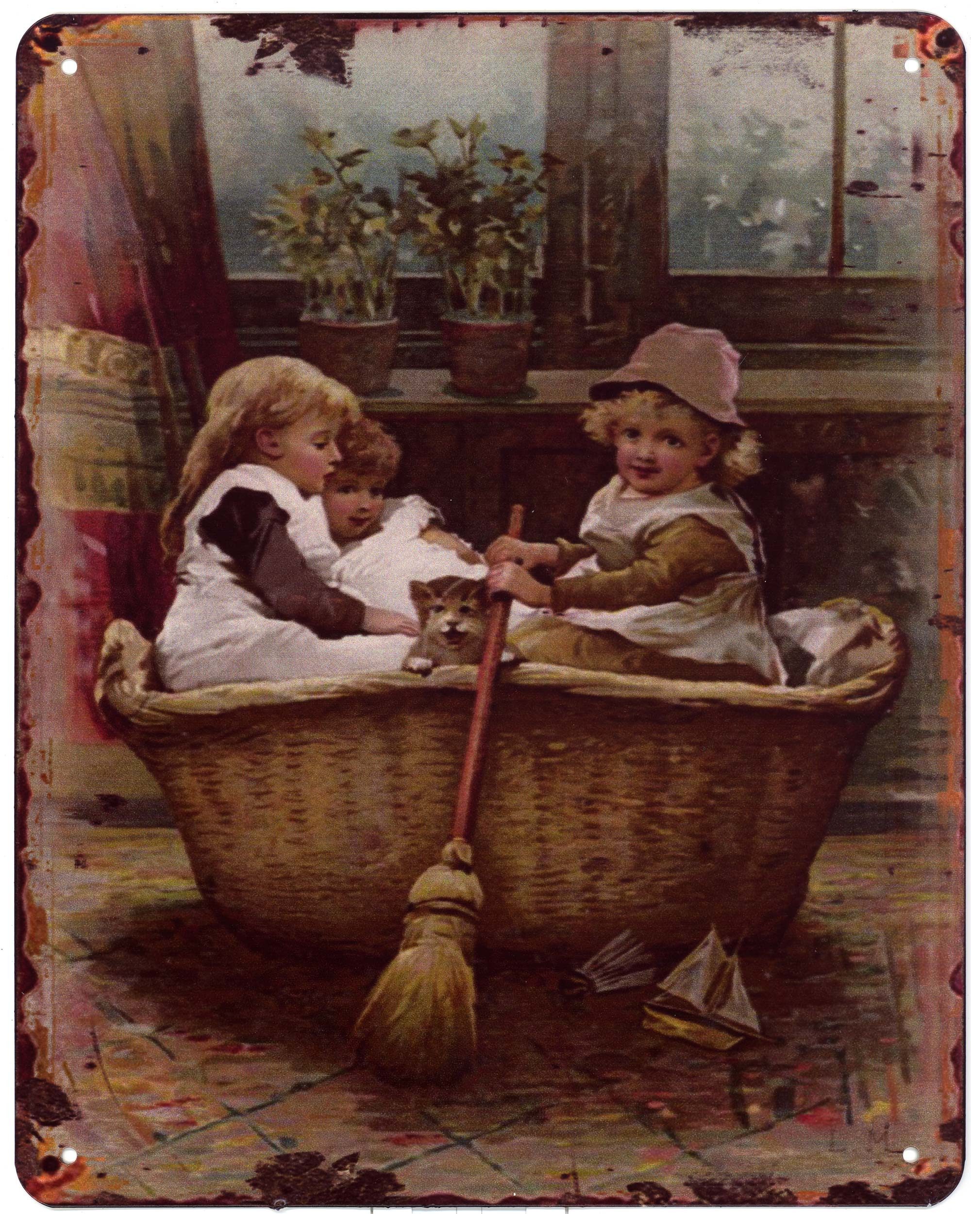 Moritz Metallschild Blechschild Kinder und Katze im Korb mit Besen, (Einzeln), 20 x 25cm Vintage Retro Deko Schild Metallschild Wandbild Schild