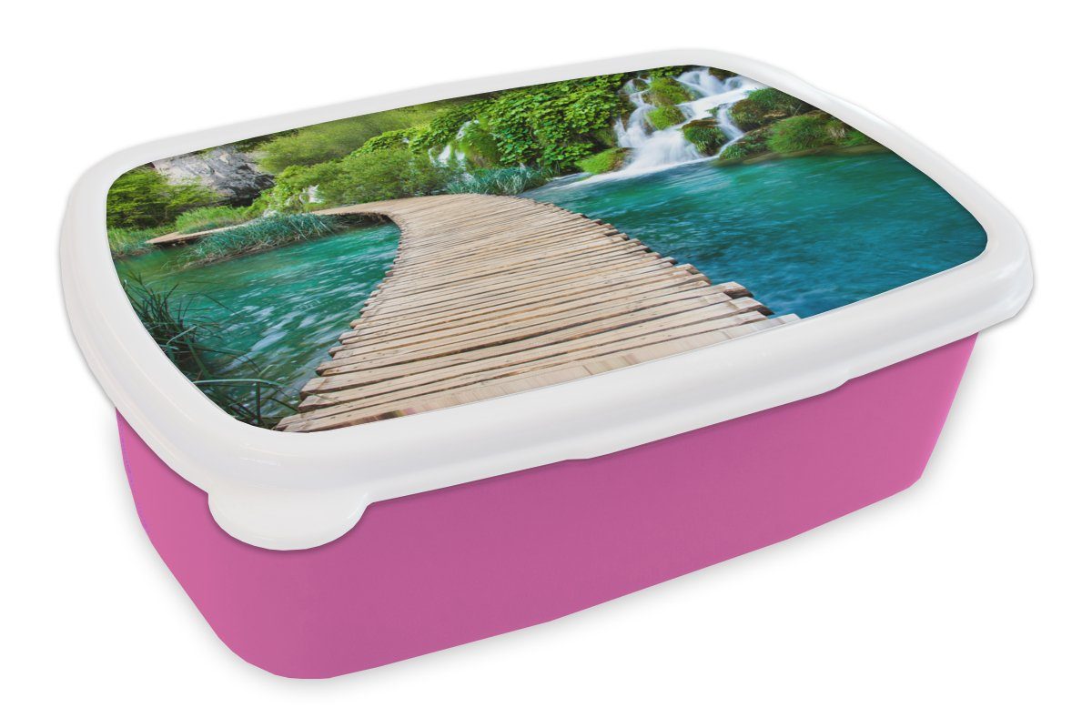 MuchoWow Lunchbox Brücke - Wasser rosa Kunststoff, Brotbox - Snackbox, Mädchen, Grün, Erwachsene, Kinder, Kunststoff (2-tlg), - Pflanzen für Wasserfall - Brotdose