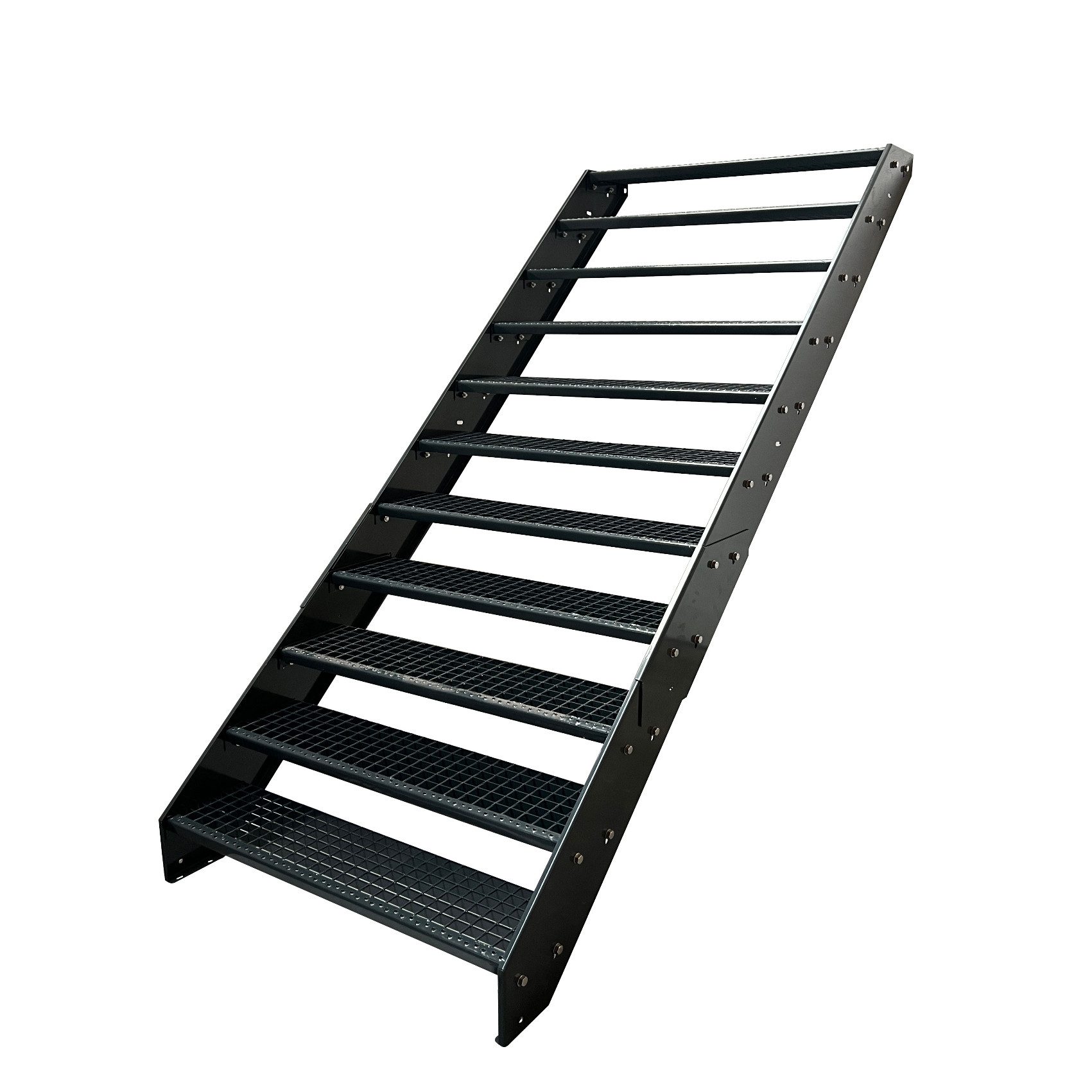 Kaminbau Mierzwa Außentreppe Stahltreppe 11 Stufen Anthrazit mit und ohne Geländer Höhe 209 cm, für Geschosshöhen bis 209 cm, Stufen Gitterroststufen nach DIN 24531, (Stufenbreite und Geländerart wählbar), Aus Premium Materialien hergestellt