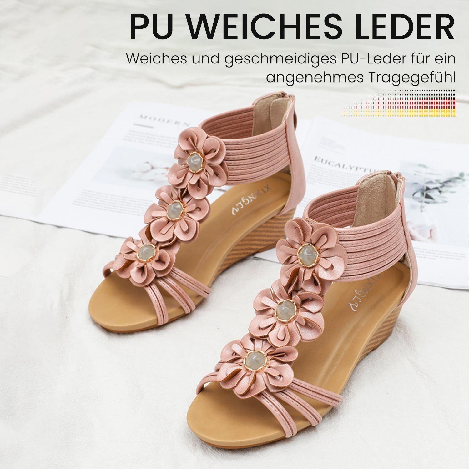 abfallendem Sandalen offene mit Rosa Keil dicker Absatz MAGICSHE Strand Sohle Sandalen mit Sandalen Casual Zehen Sandalette