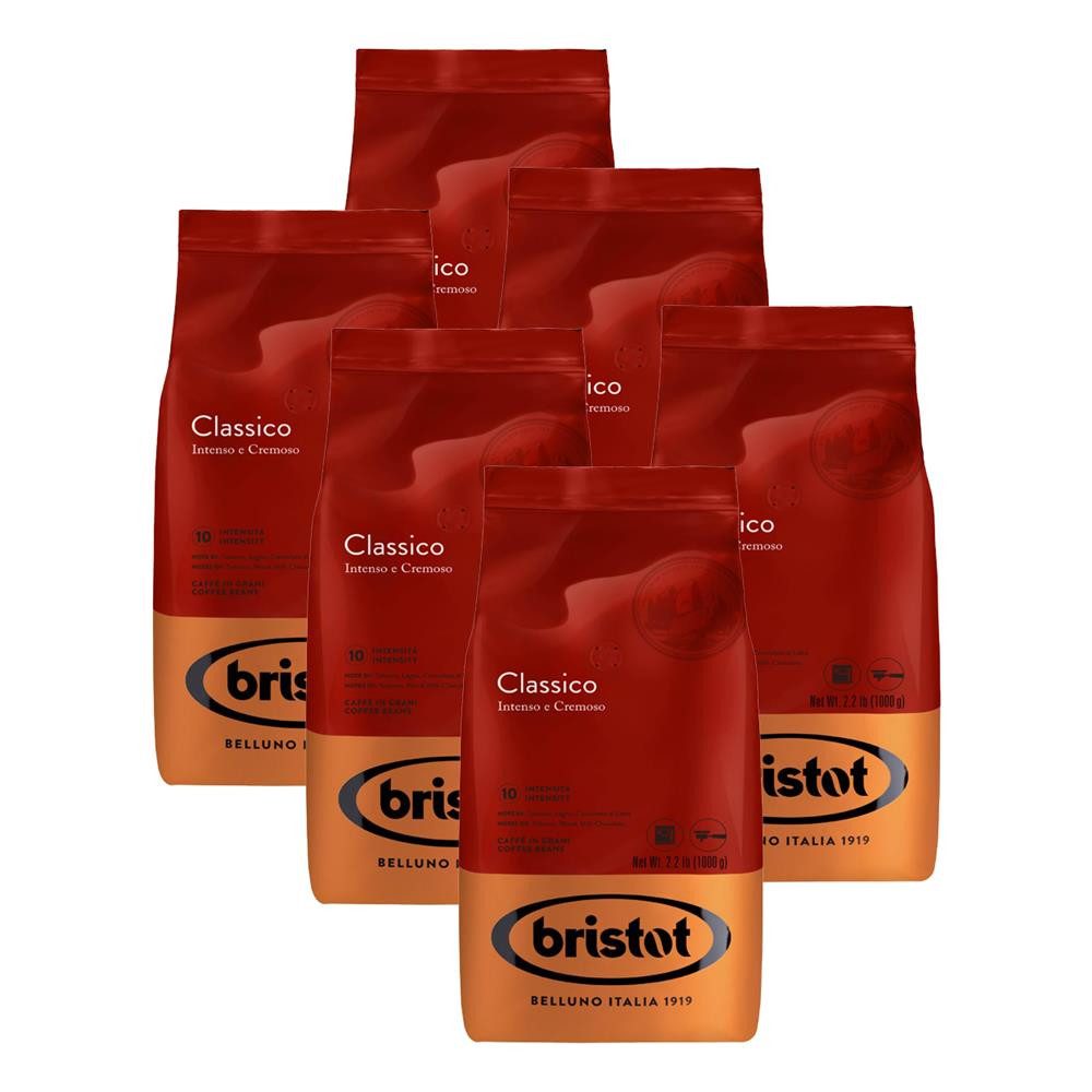 bristot Kaffee Classico Bohnen Kaffeebohnen, 6 x 1000 g, Kräftige Mischung mit Robusta-Anteil für volle Intensität