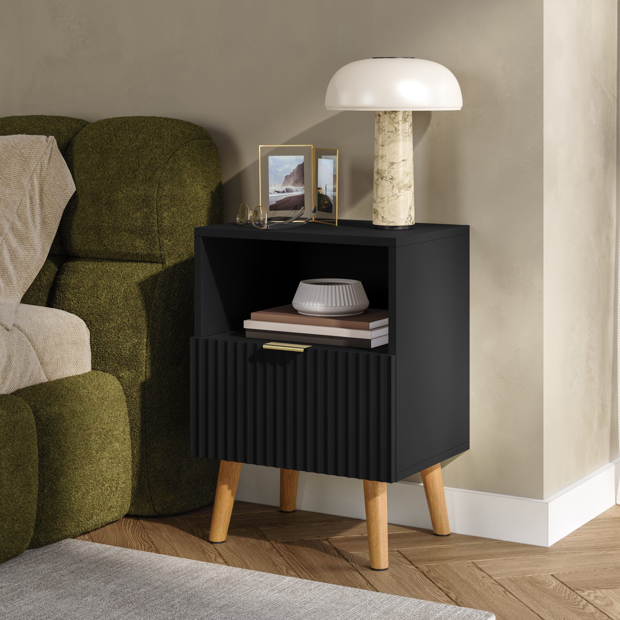 en.casa Nachttisch (1-St), »Nand« 1 Schublade 1 offenes Fach 55x40x30 cm Holzbeine Schwarz