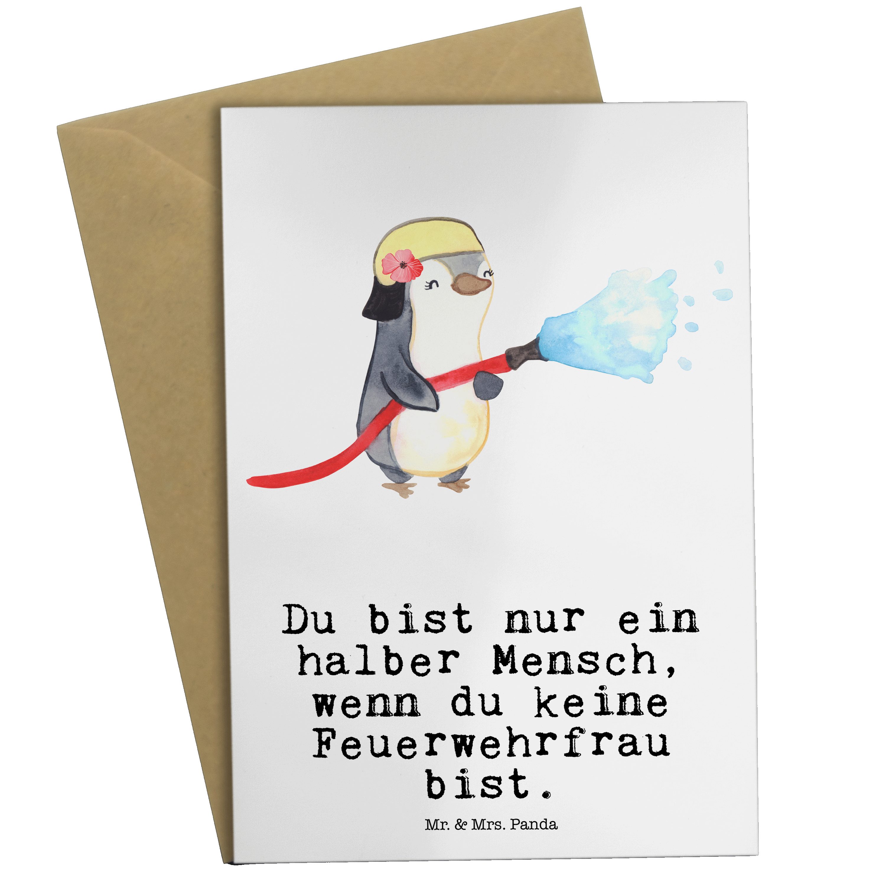 Mr. & Mrs. Panda Grußkarte Feuerwehrfrau mit Herz - Weiß - Geschenk, Einladungskarte, Feuerwehrh