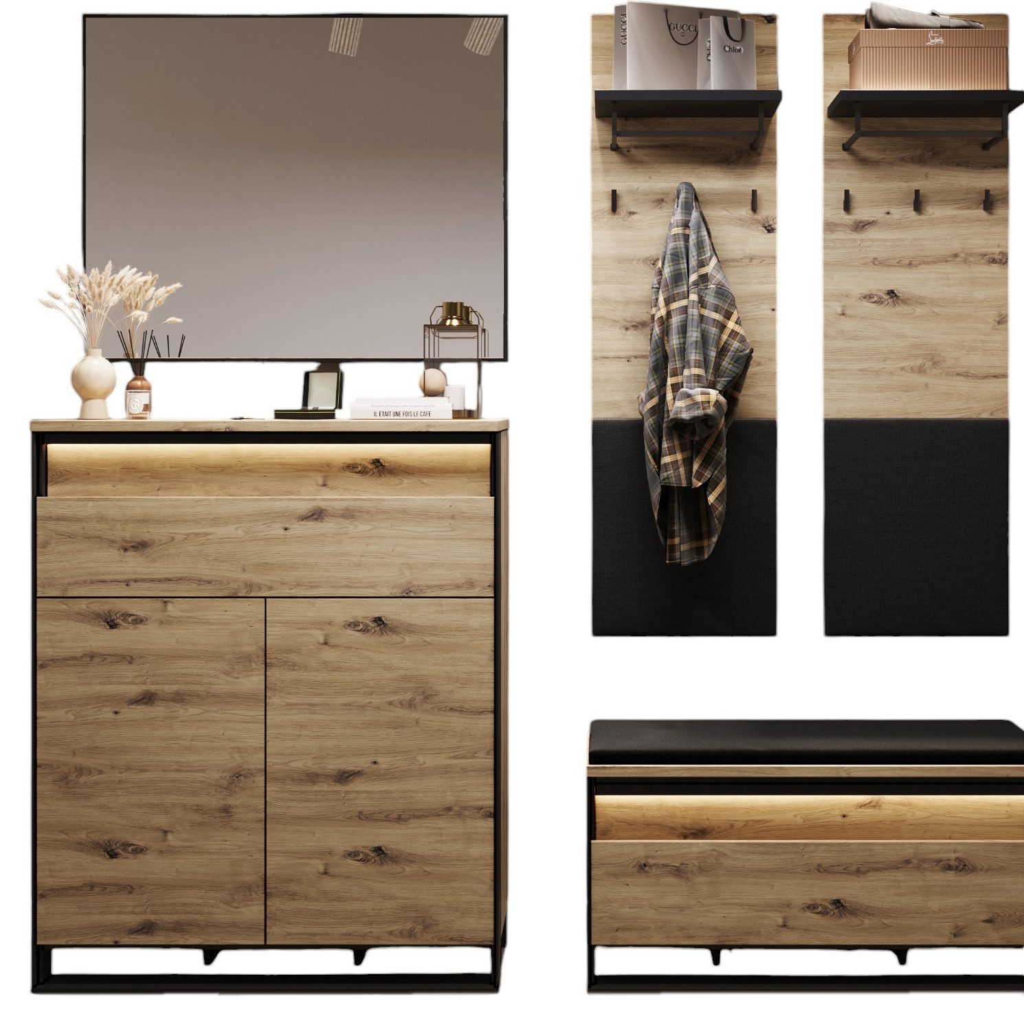 Compleo Garderoben-Set LIMA (Kommode, Schuhschrank, Spiegel, 2x Kleiderbüge günstig online kaufen