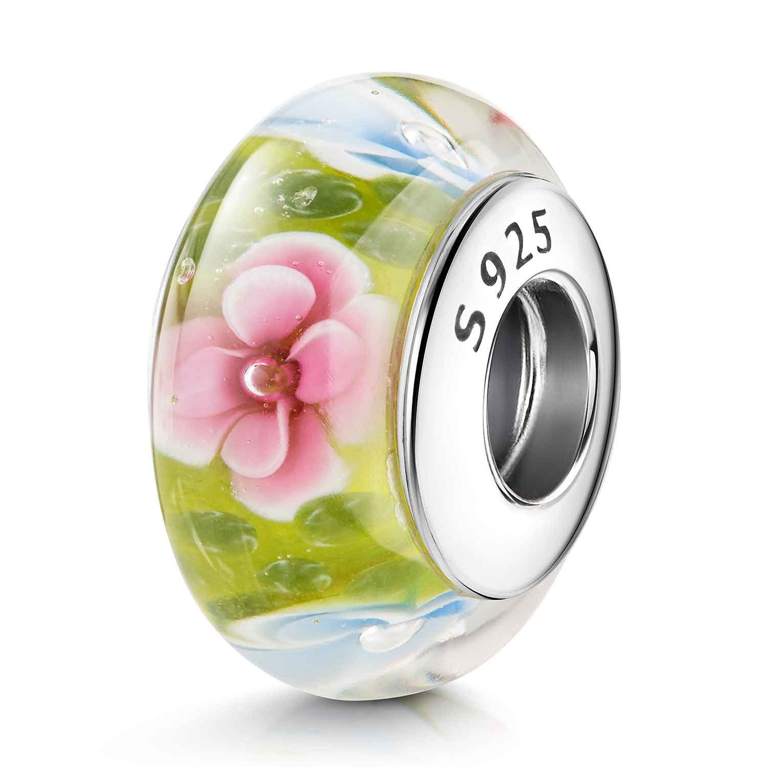 Materia Bead Blumen Blüten Glas Charm Grün Rosa Hellblau 1040, Kern aus 925 Sterling Silber, mit Gewinde