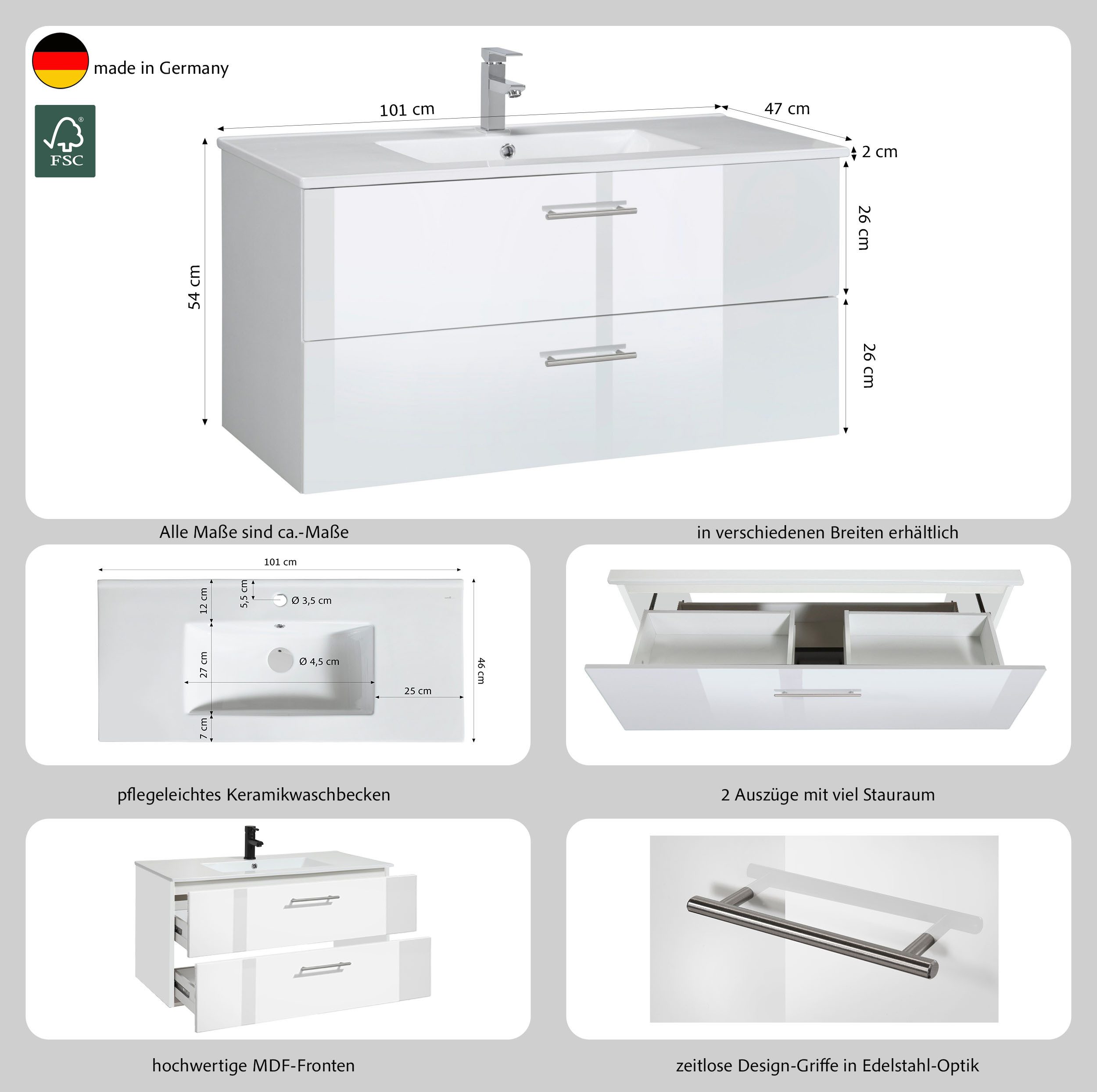 welltime Waschtisch Trento in verschiedenen Ausführungen Unterschrank inkl. Waschbecken, Badmöbel in Breite 100 cm, Waschplatz mit 2 Schubladen, Badschrank