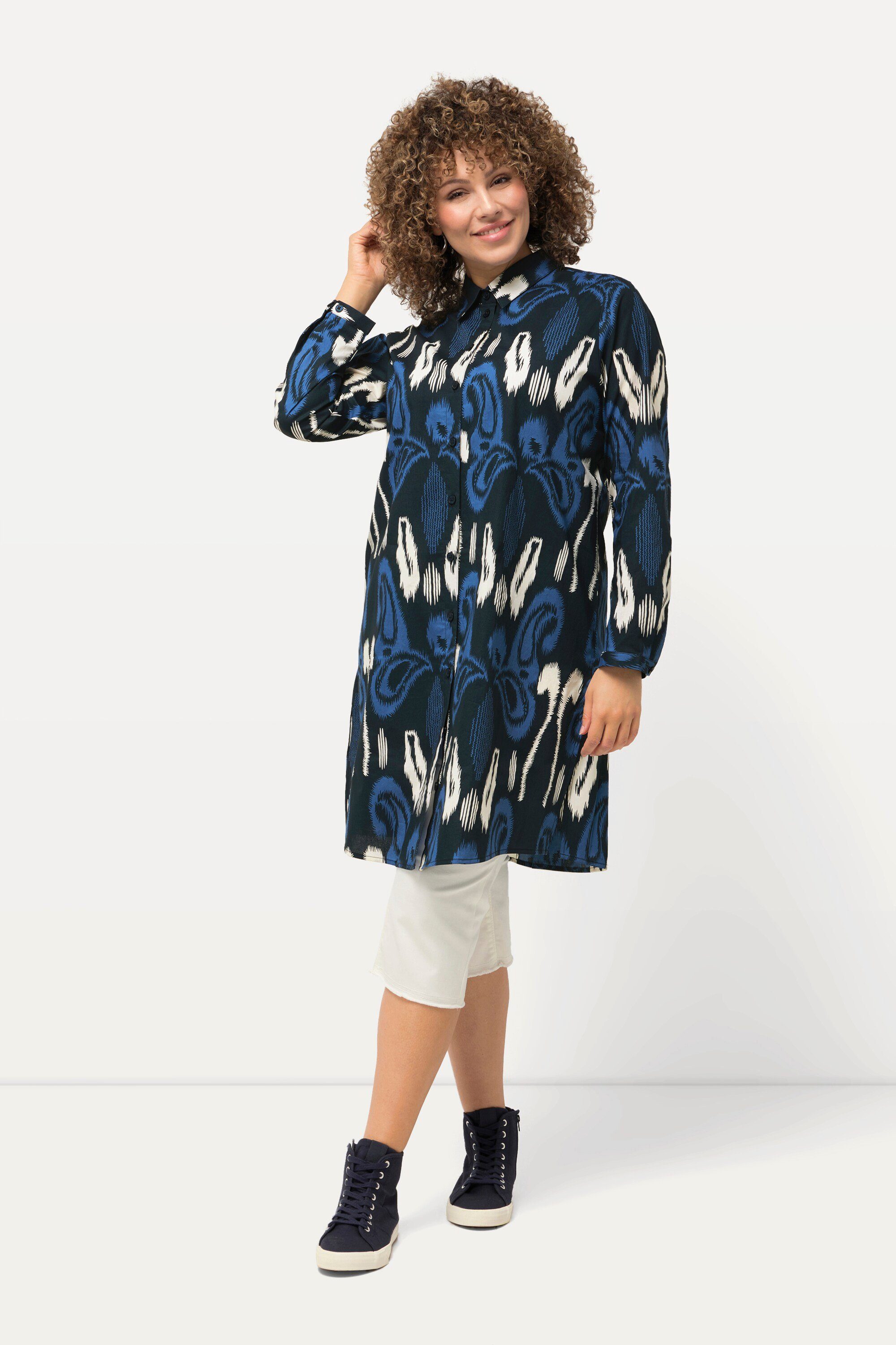 Longbluse Longbluse grafischer Druck A-Linie Hemdkragen