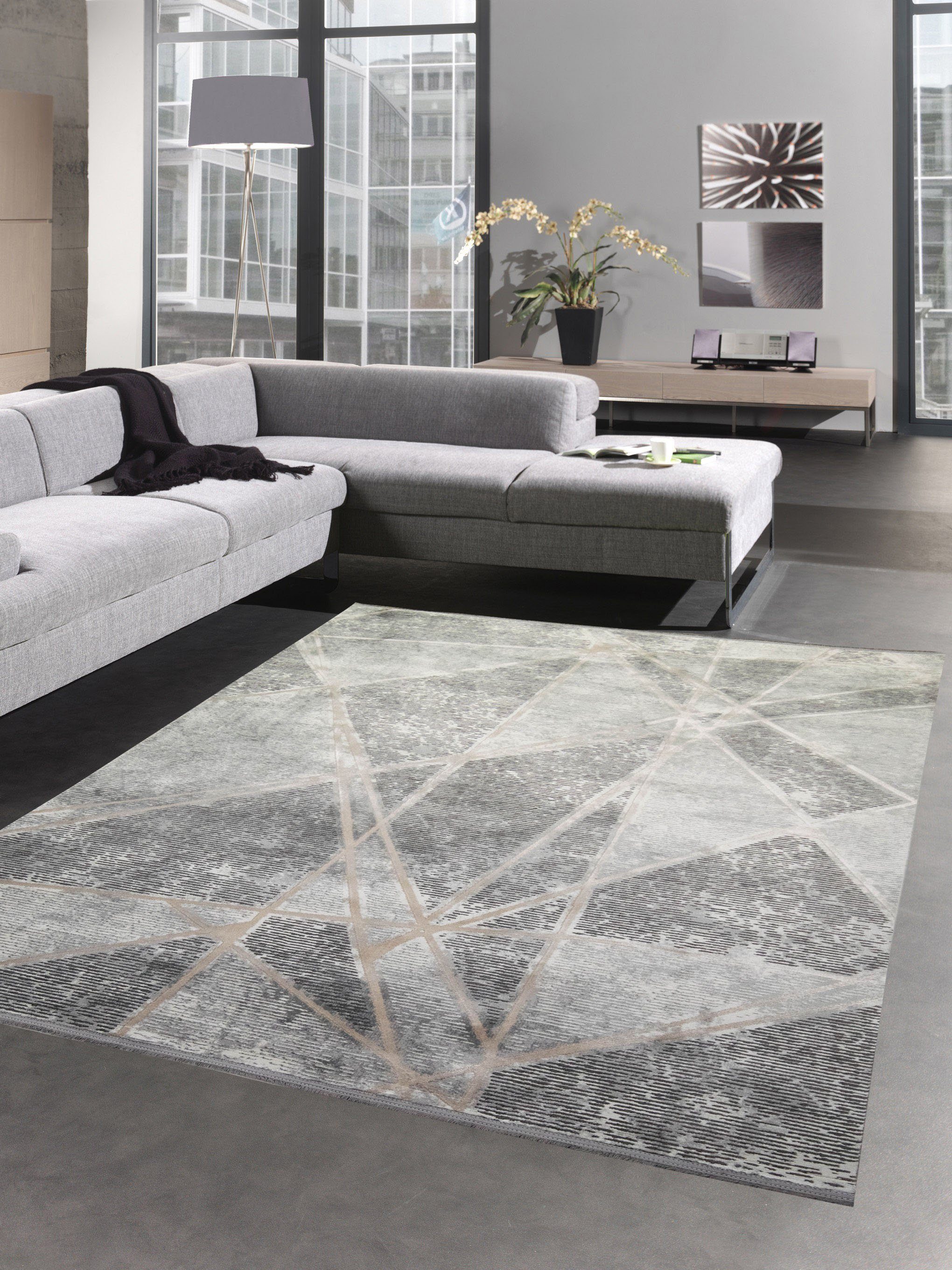 Teppich moderner Wohnzimmerteppich geometrisches Muster Designerteppich grau