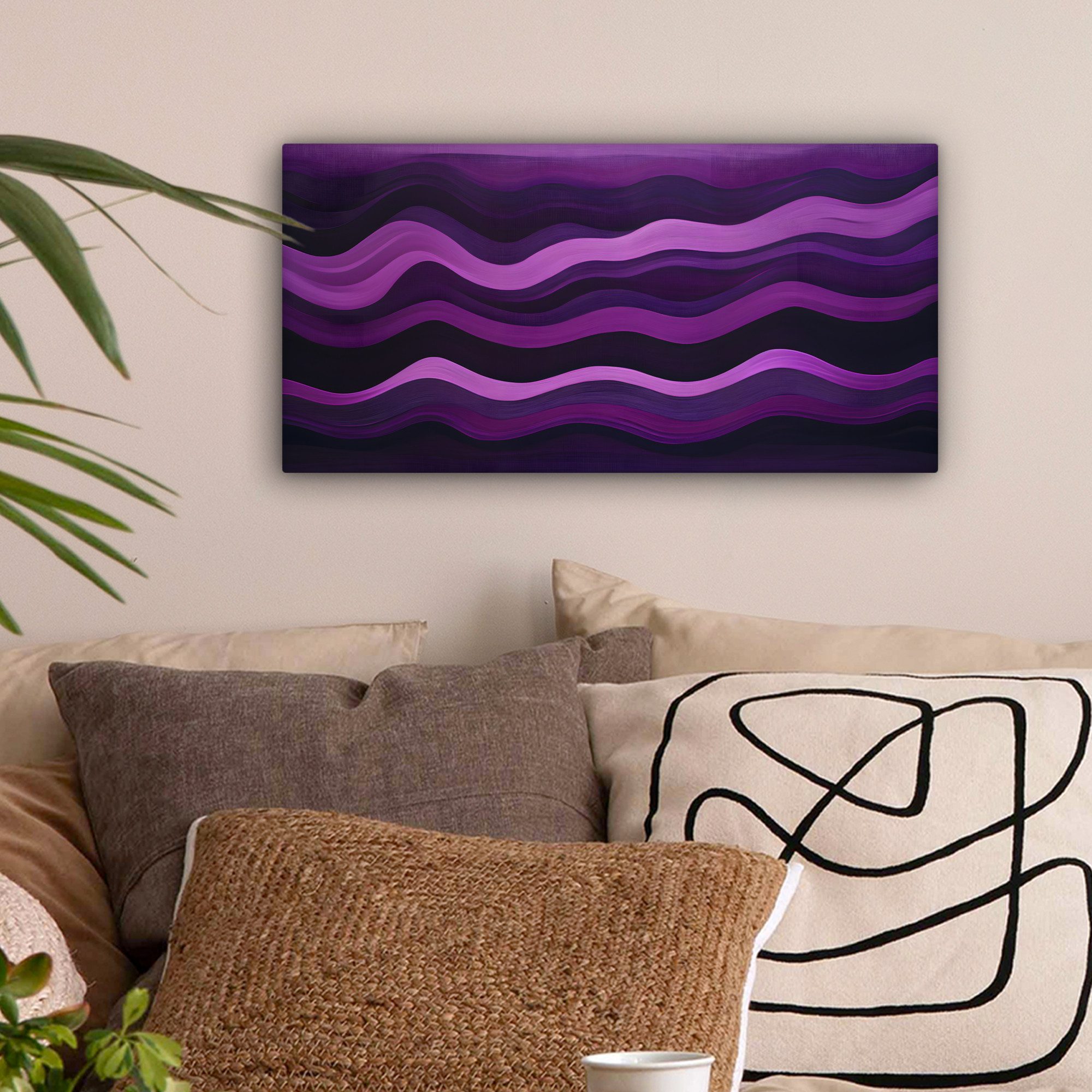 OneMillionCanvasses® Leinwandbild Panorama Linien - Wellen - Lila - Abstrakt, Fotodruck (1 St), Wandbild, Deko Schlafzimmer Wohnzimmer Flur 40x20 cm