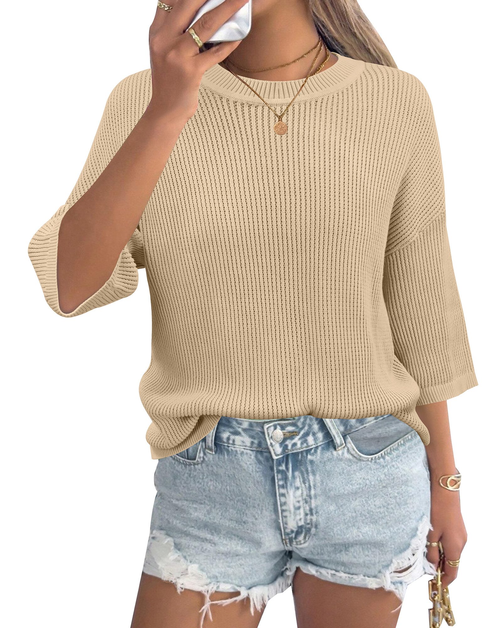 Arach&Cloz Strickpullover Damen 3/4 Arm-Pullover Ajourpullover Kurzarmpullover Bigshirt Kurzarmshirt 3/4-Arm-Shirt Netzshirt aus 100 % Baumwolle Bluse