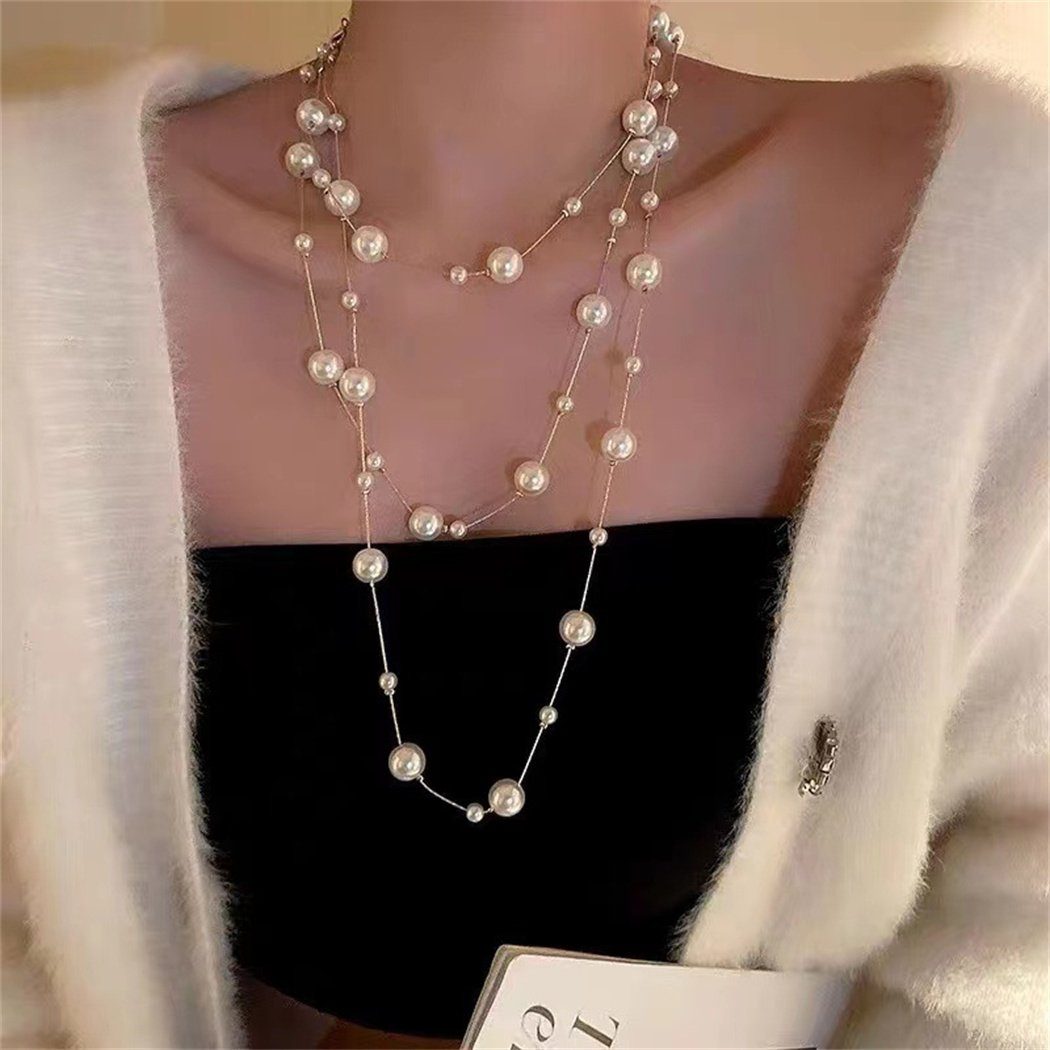 DAYUT Kette mit Anhänger mit Gravur Women's Long Fashion Faux Perlenkette Multi Layers (1-tlg)