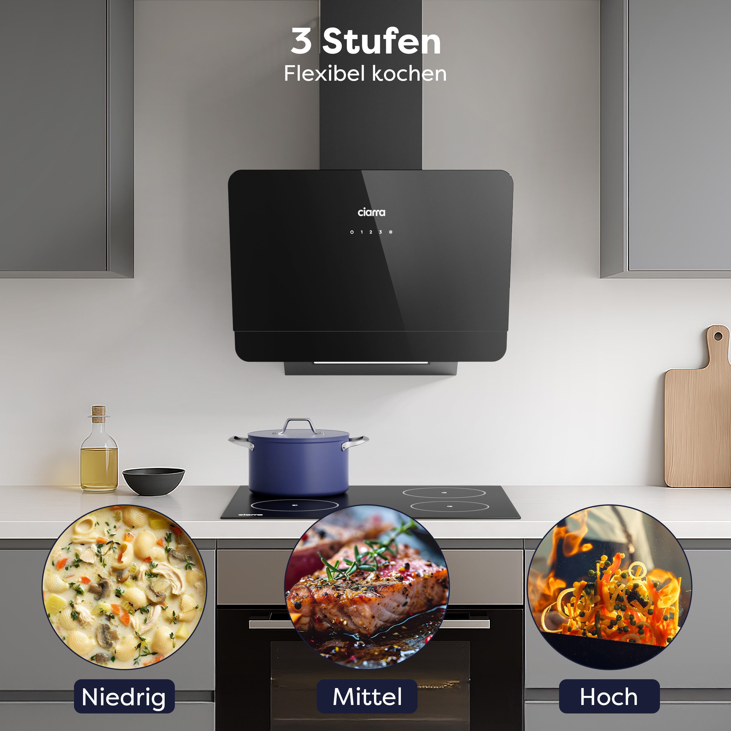CIARRA Kopffreihaube 60 cm Dunstabzugshaube A+ 590 m³/h SensorTouch 3 Stufen VM6765CB Leise Schräghaube 60 cm mit Aktivkohlefiltern, Fettfiltern Schwarz – Bild 4 von 5