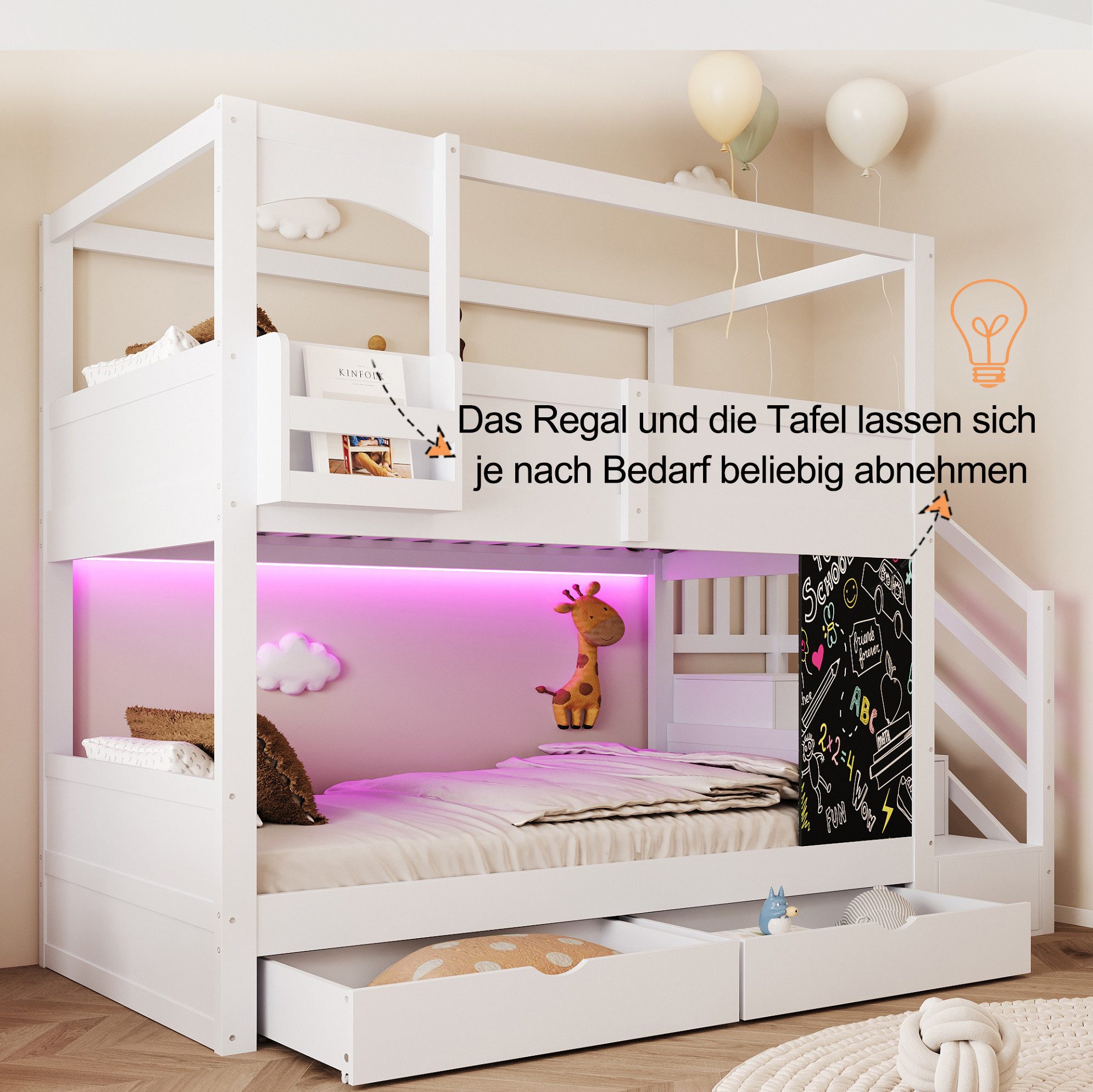 REDOM Etagenbett Kinderbett mit Spieltafel und Stauraum, Holzbett (90x200 cm, Jugendbett mit Leiter, Schubladen und vielseitigen Ablageflächen, Gästebett Stauraumbett), ohne Matratze
