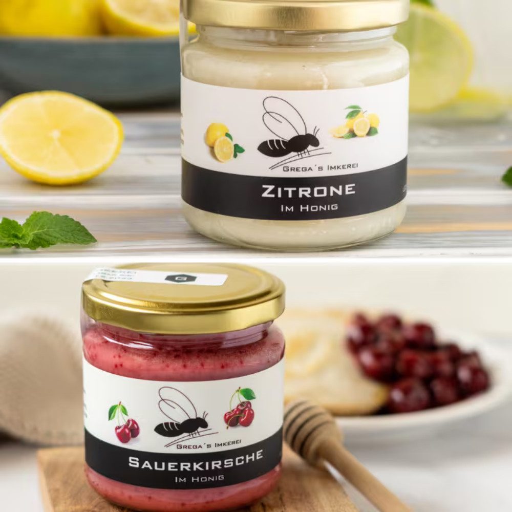 Grega´s Imkerei Honig Das 6er Frucht im Honig Set – Honigsüßer Brotaufstrich, 6 x 250 g, (ideal als Probier- & Geschenkset), cremige Sorten: Erdbeere, Blaubeere, Ananas Himbeere Zitrone & Kirsche