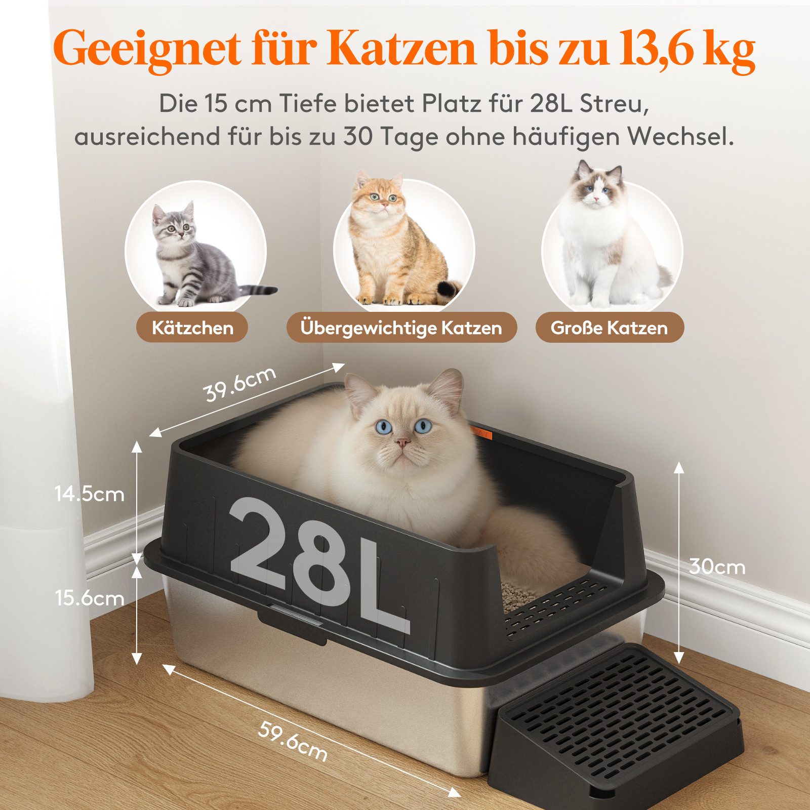 Lifewit Katzenhaus Katzenklo Edelstahl groß mit Schaufel und Pedal für große Katzen.