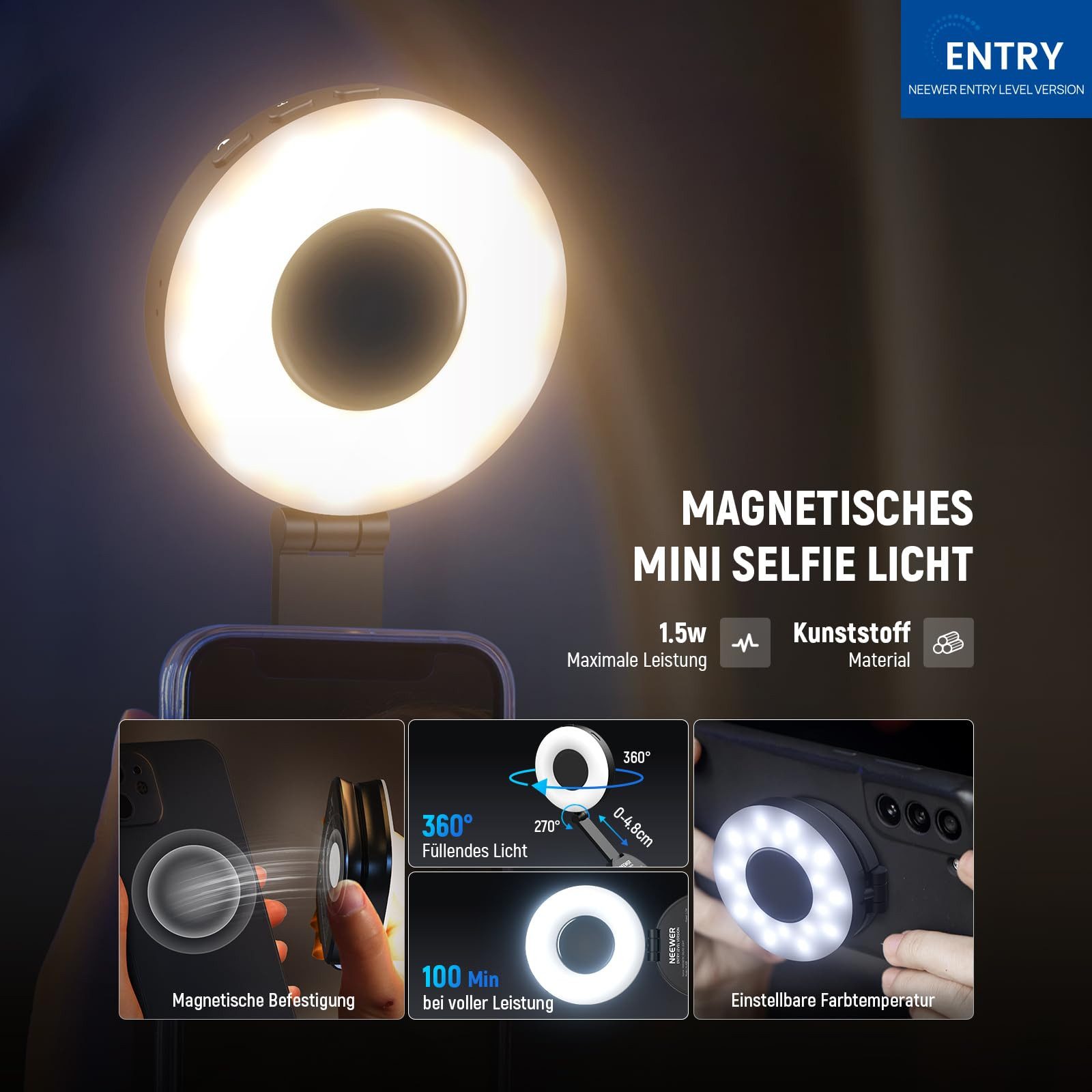 Neewer Videoleuchte NL40R Magnetische Selfie Licht, Faltbar, 4 Modi, CRI95+, 914lx, Ringlicht für iPhone MagSafe Live Streaming Make up Konferenz