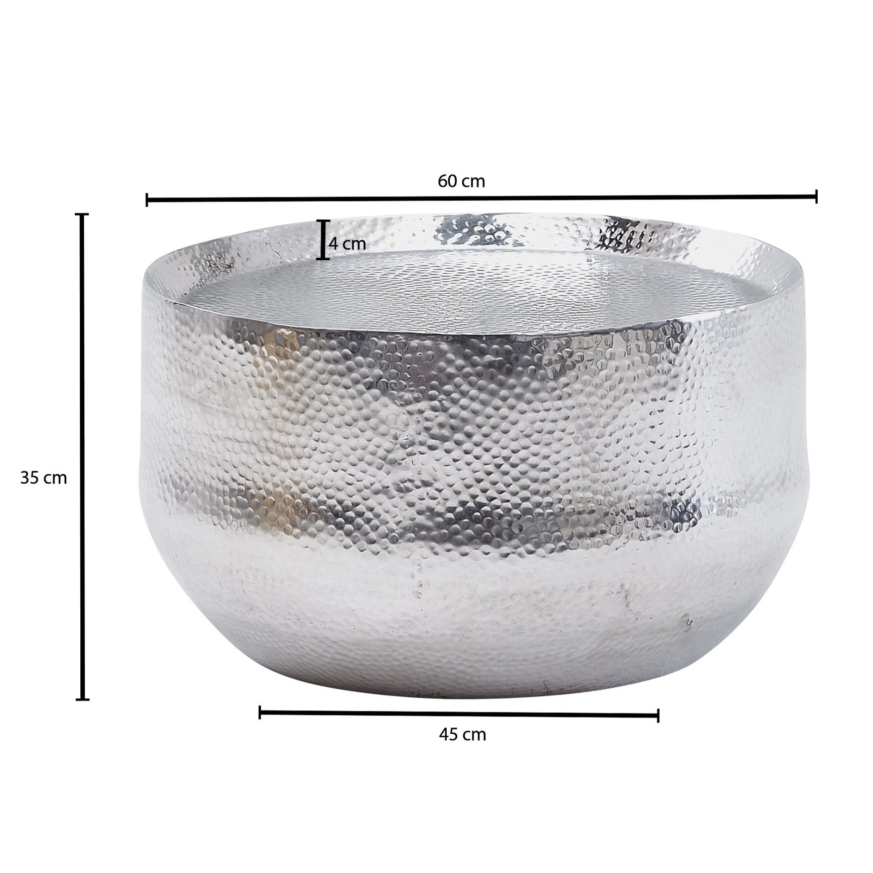 Silber Rund, Silber Wohnzimmertisch FB30286 Couchtisch Hammerschlag), | FINEBUY Silber 60x60x35cm | Orientalisch Sofatisch Kaffeetisch Silber (Aluminium