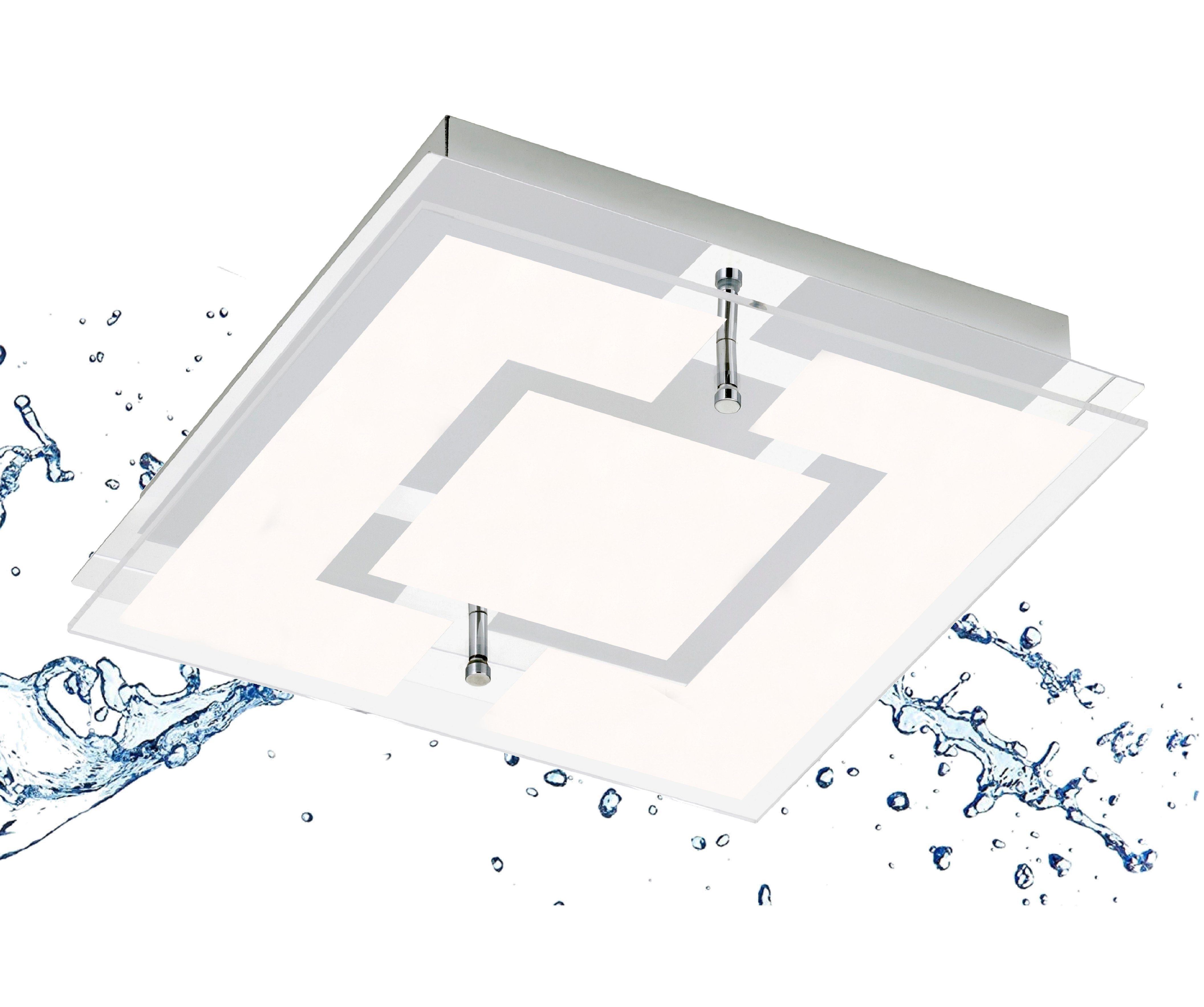 TRANGO LED Deckenleuchte, Dimmfunktion, 3103 IP44 Feuchtraum LED Deckenleuchte Eckig *IVY* aus Metall mit Design Motive bedrückt Glas Lampenschirm, in 3-Stufen dimmbar - 12 Watt warmweiß LED Modul, warmweiß, Deckenlampe, Wandleuchte, Badlampe