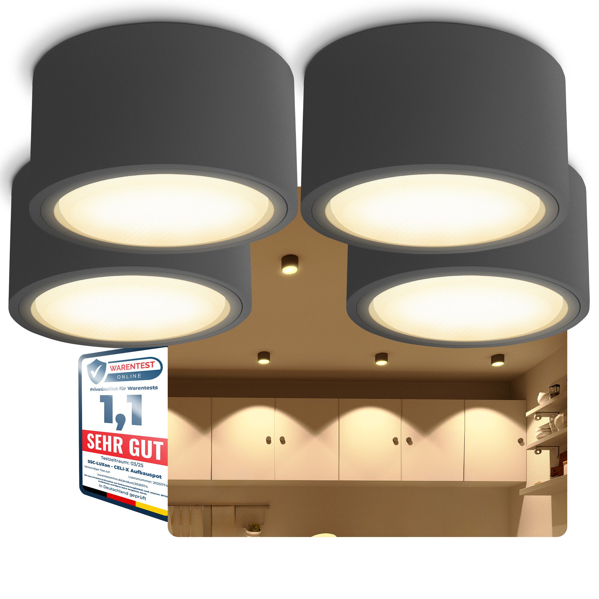 SSC-LUXon LED Aufbaustrahler CELI-X Aufputz Deckenstrahler flach anthrazit mit LED GX53 warmweiss 4, Warmweiß