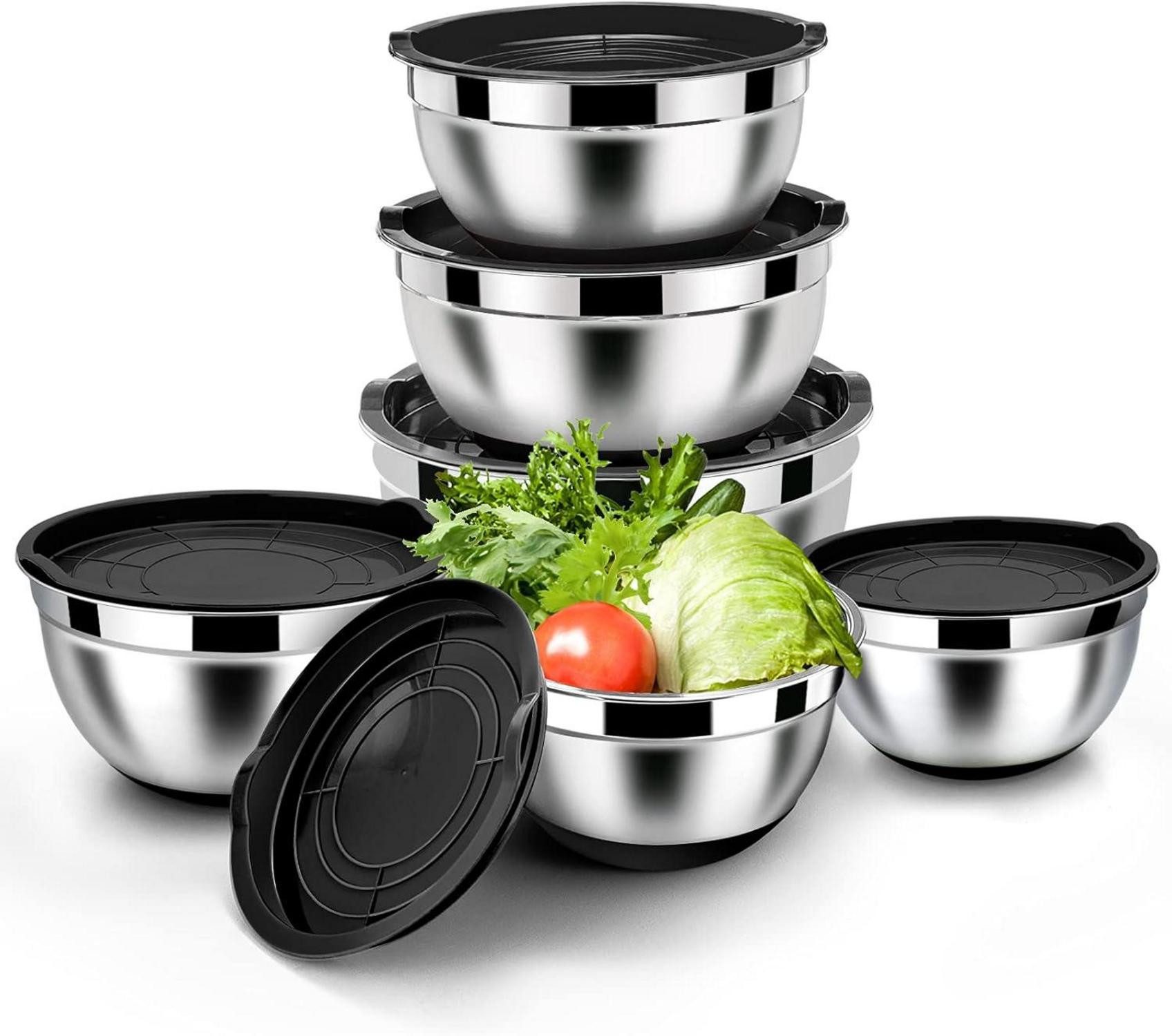 Küchenorganizer-Set Rührschüssel Set Edelstahl Schwarz 6-teilig mit Deckel Silikonboden