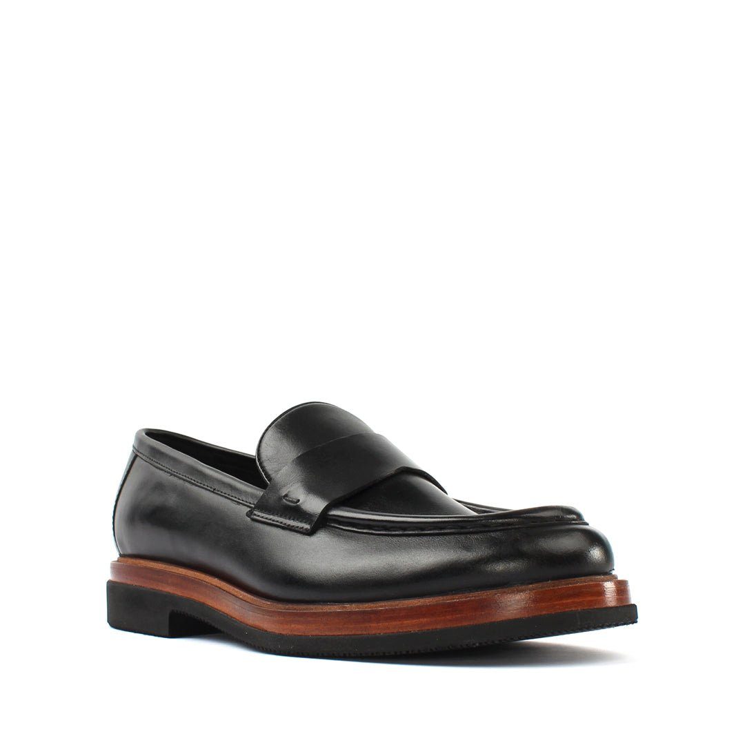 Celal Gültekin Leder-Loafer Slip-On Plateau Blockabsatz Glattleder Business Herren Loafer Glattleder, Echtleder-Futter, Holzoptik-EVA-Sohle, Schwarz, 40