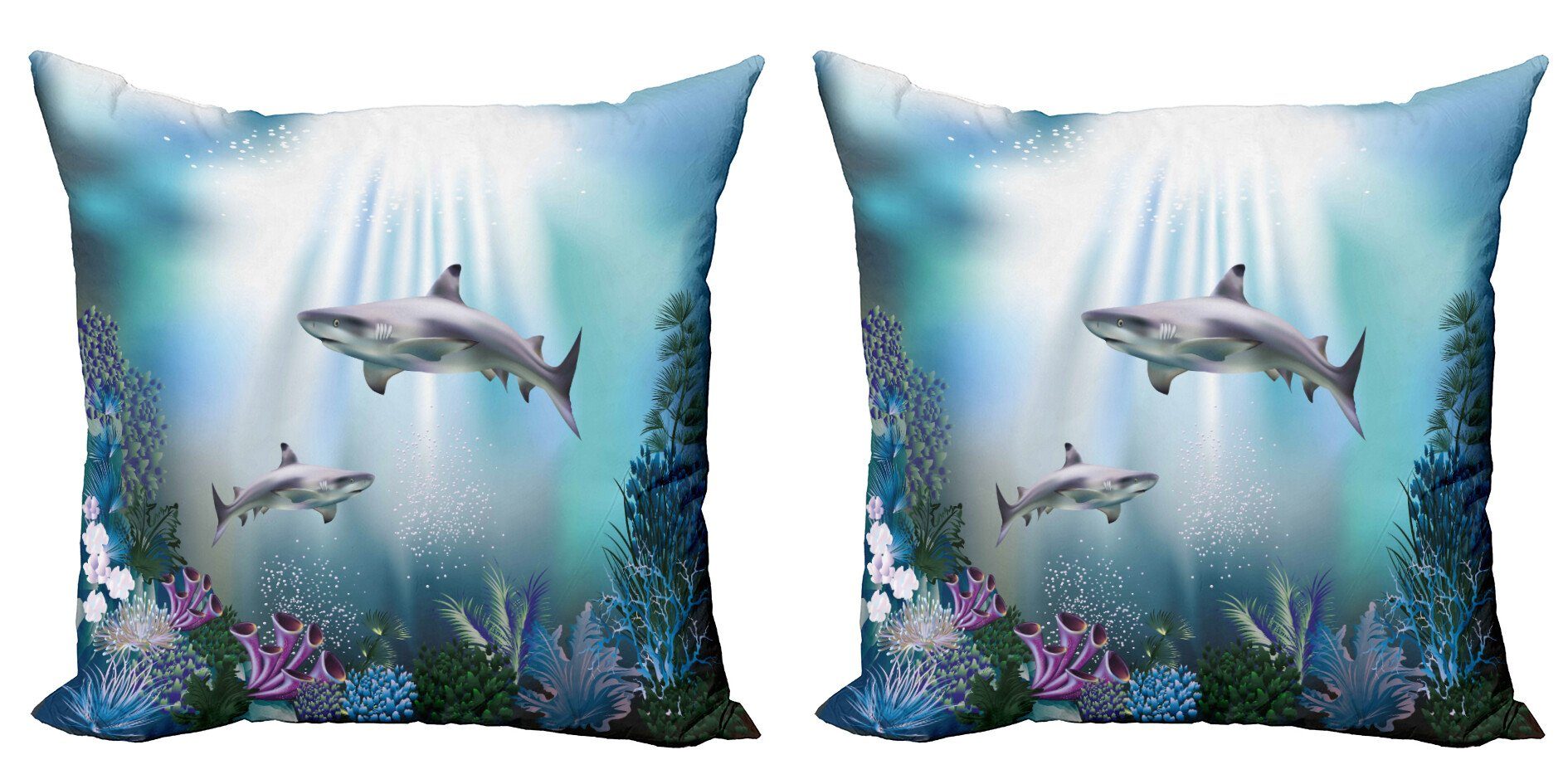Kissenbezüge Accent Stück), Abakuhaus Modern Aquatic Sharks Coral (2 Digitaldruck, Doppelseitiger Unterwasser-