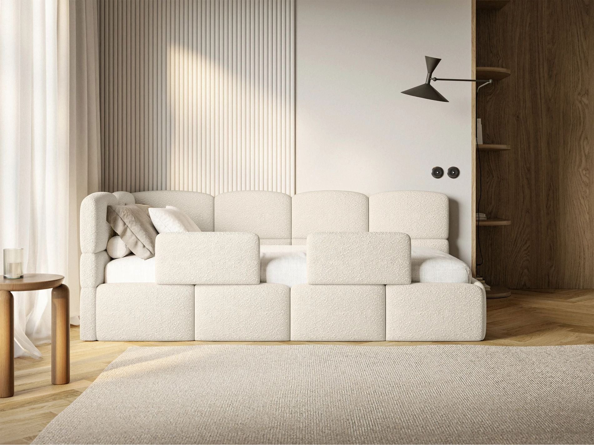 Selsey Kinderbett CLOUDY, Matratze, Stauraum, Eckkopfteil und Lattenrost, Bouclé, 120x200 cm