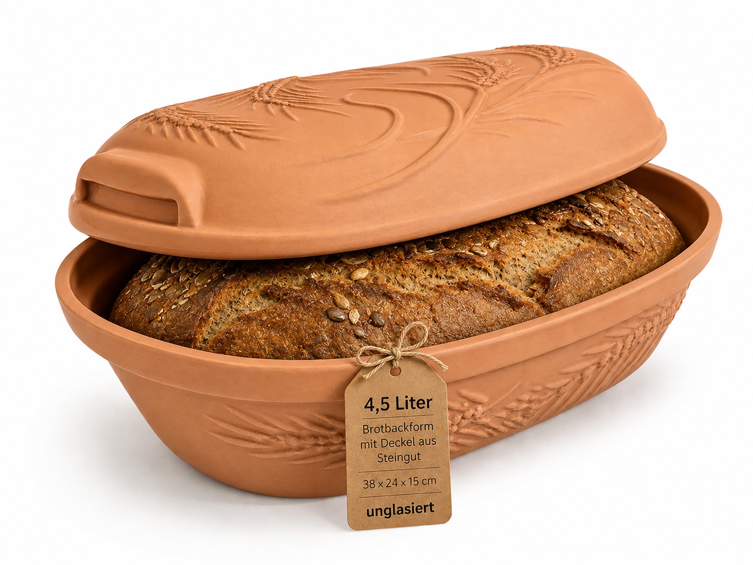 KERAZO Brotbackform 4,5L Keramik Bräter mit Deckel Brottopf Auflaufform 38x24x15 cm, natur, Unglasierter Bräter mit Getreidemuster auf Deckel und Unterteil